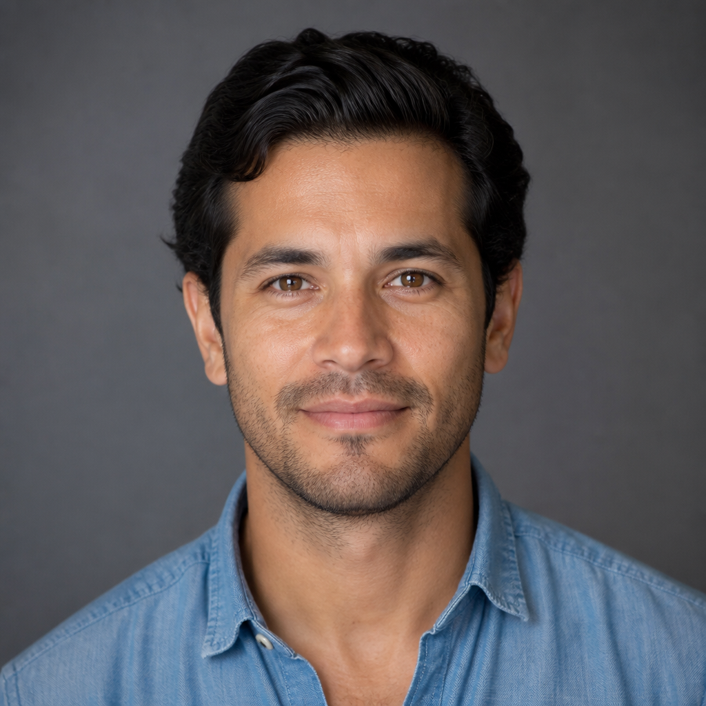 Latino man with sun-touched skin, relaxed smile, olive outdoor t-shirt, golden hour trail lighting, adventurous candid expression
