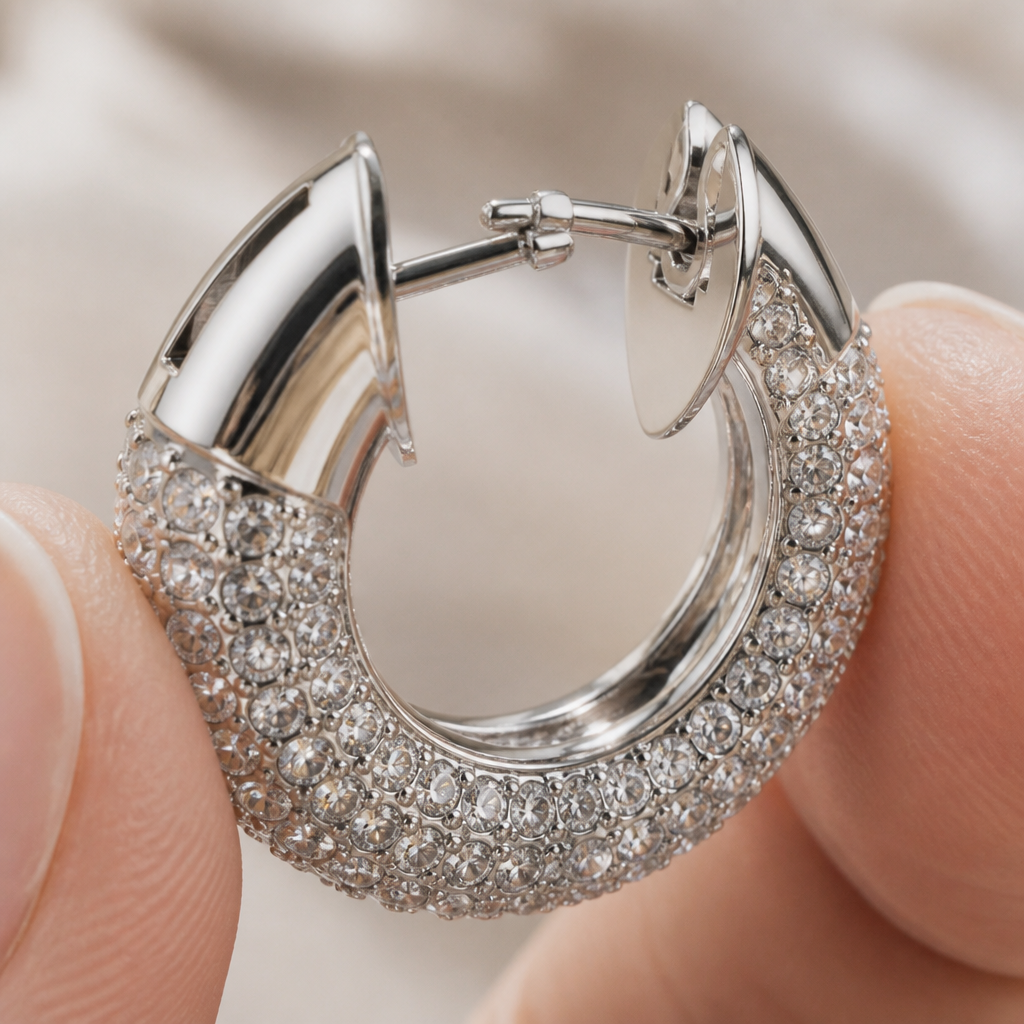 Macro detail of the secure hinged closure mechanism on Dextera small hoop earrings