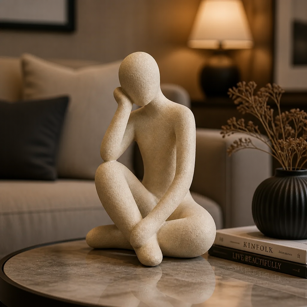 A beautifully transformed living room showcasing the Abstract Thought Thinker Accent Resin as a stunning centerpiece with warm ambient lighting highlighting the modern art design