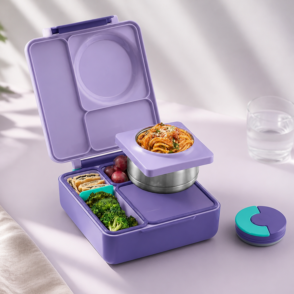 Vibrant purple bento box product photo on clean pastel background with soft daylight