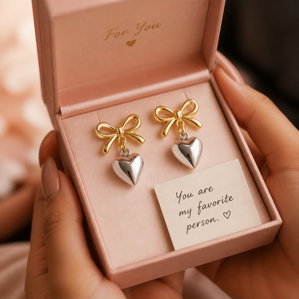 Love Heart Earrings arranged inside a beautiful blush gift box with a small handwritten love note and soft romantic lighting