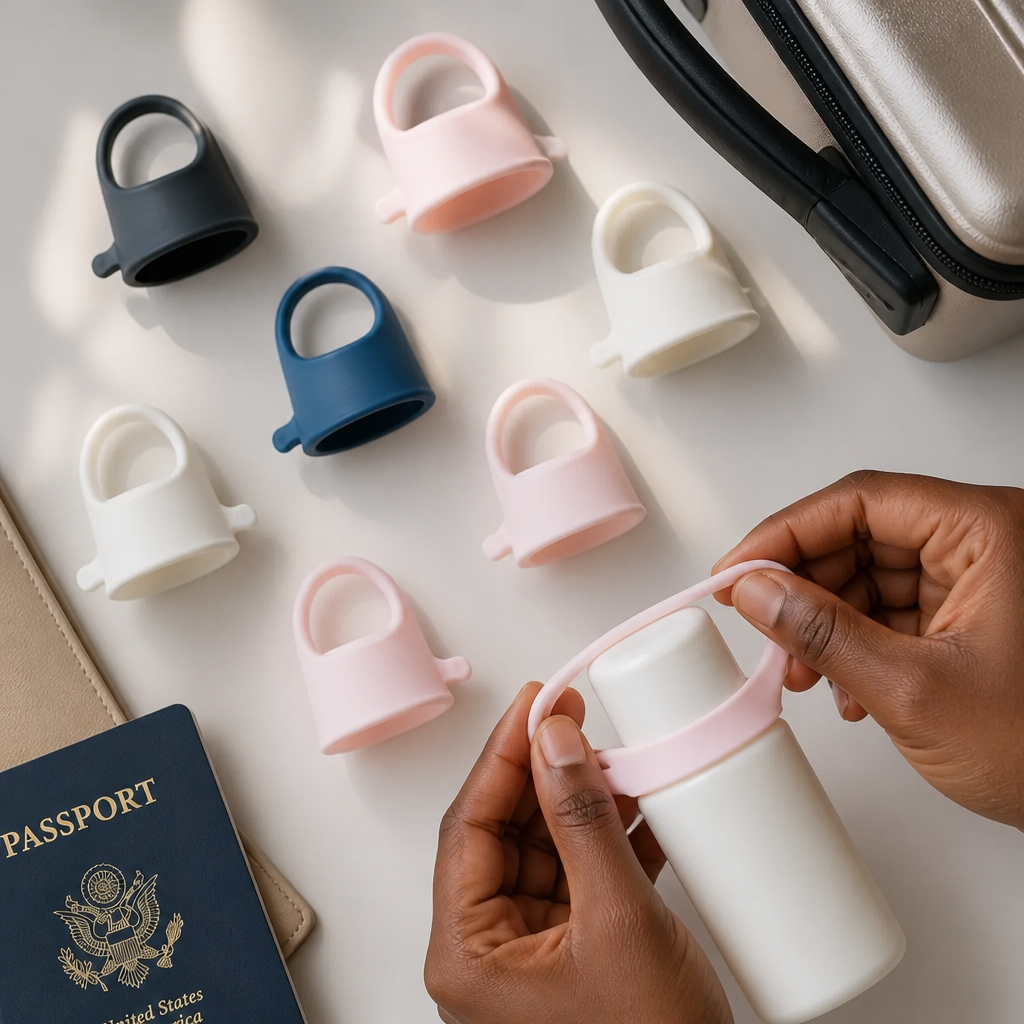 Flat lay photography showing all 8 leak proof silicone sleeves in pink blue white and black arranged beautifully with travel accessories passport and suitcase on a clean surface