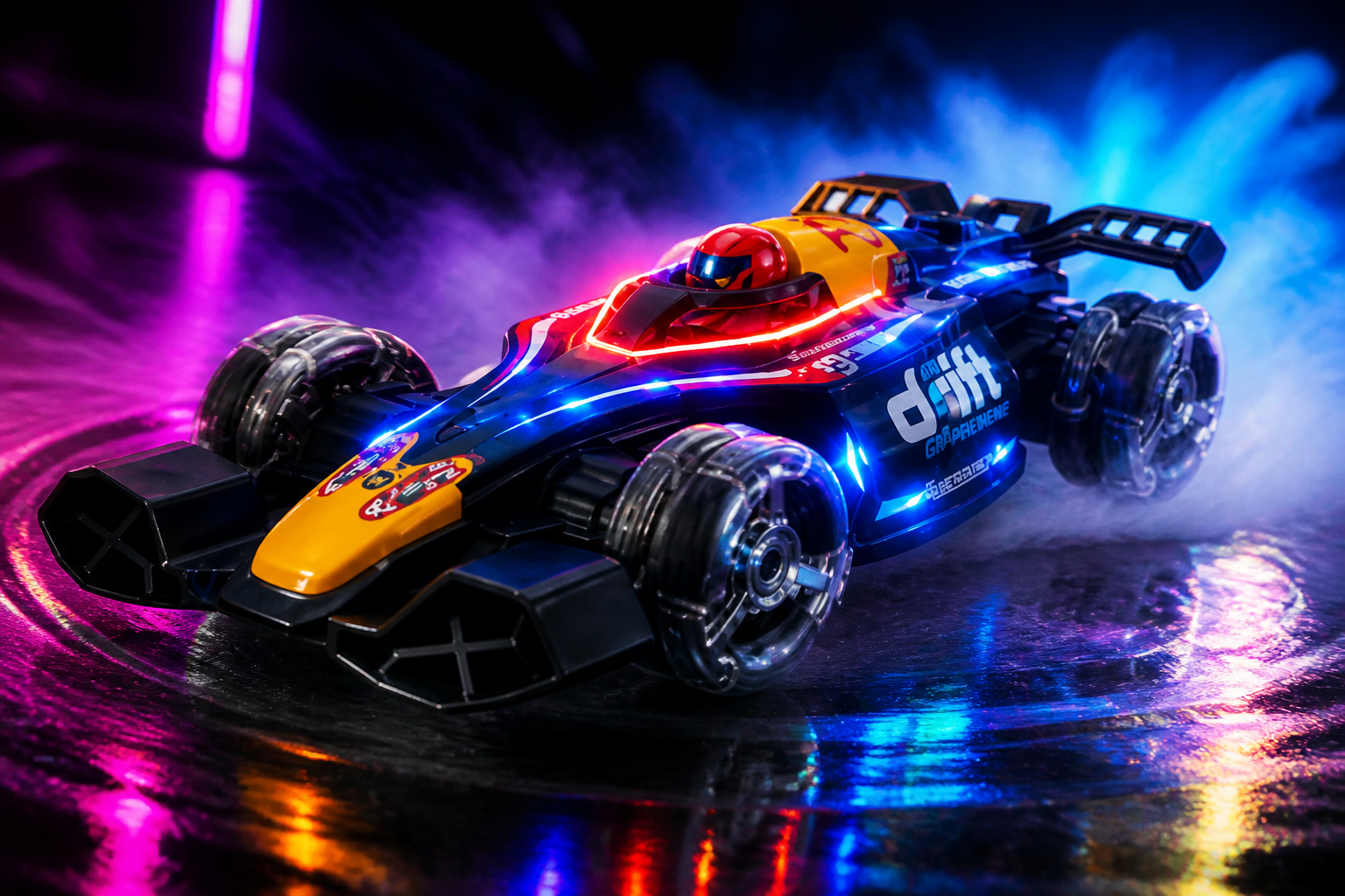 Dramatic cinematic shot of the GRAPHENE RC stunt car mid-spin under a glowing neon spotlight with rainbow light reflections on a glossy black floor