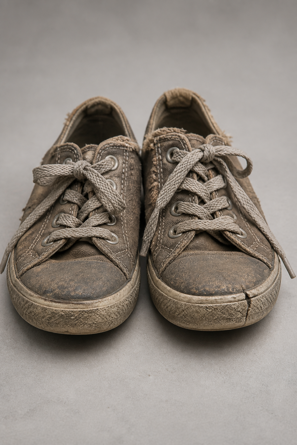 Close-up of a worn-out unbranded pair of old sneakers with a flat cracked sole, faded fabric and visible wear marks on a plain studio background