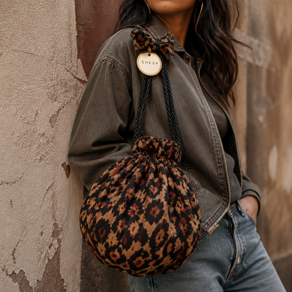Bold animal print cinch bag with rich earthy tones, featuring a dynamic pattern that commands attention, styled with an urban chic outfit against a textured backdrop