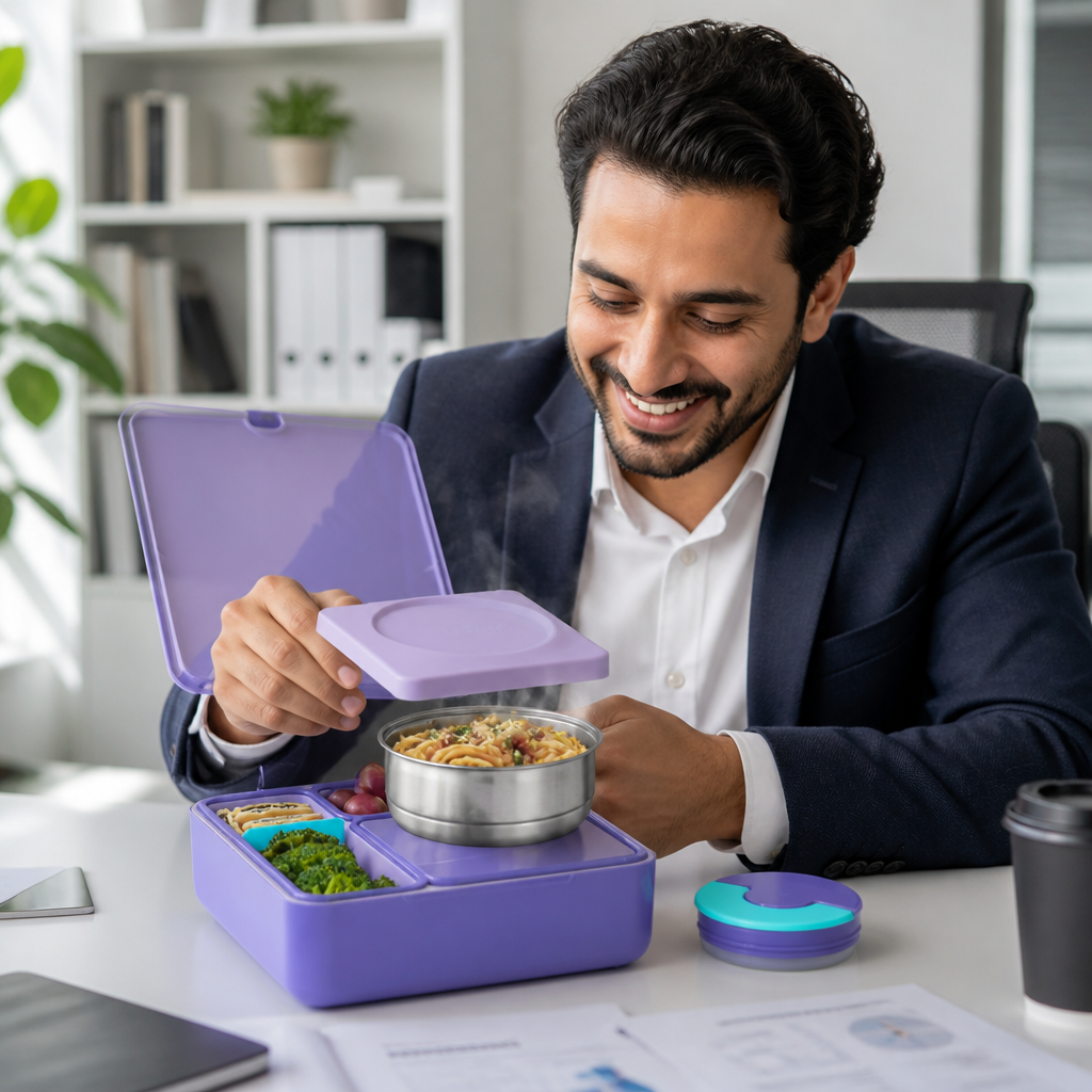 After image showing a happy professional opening the colorful Bento Box with steam rising from a hot fresh meal, clean office desk, bright natural light, brand-marked product