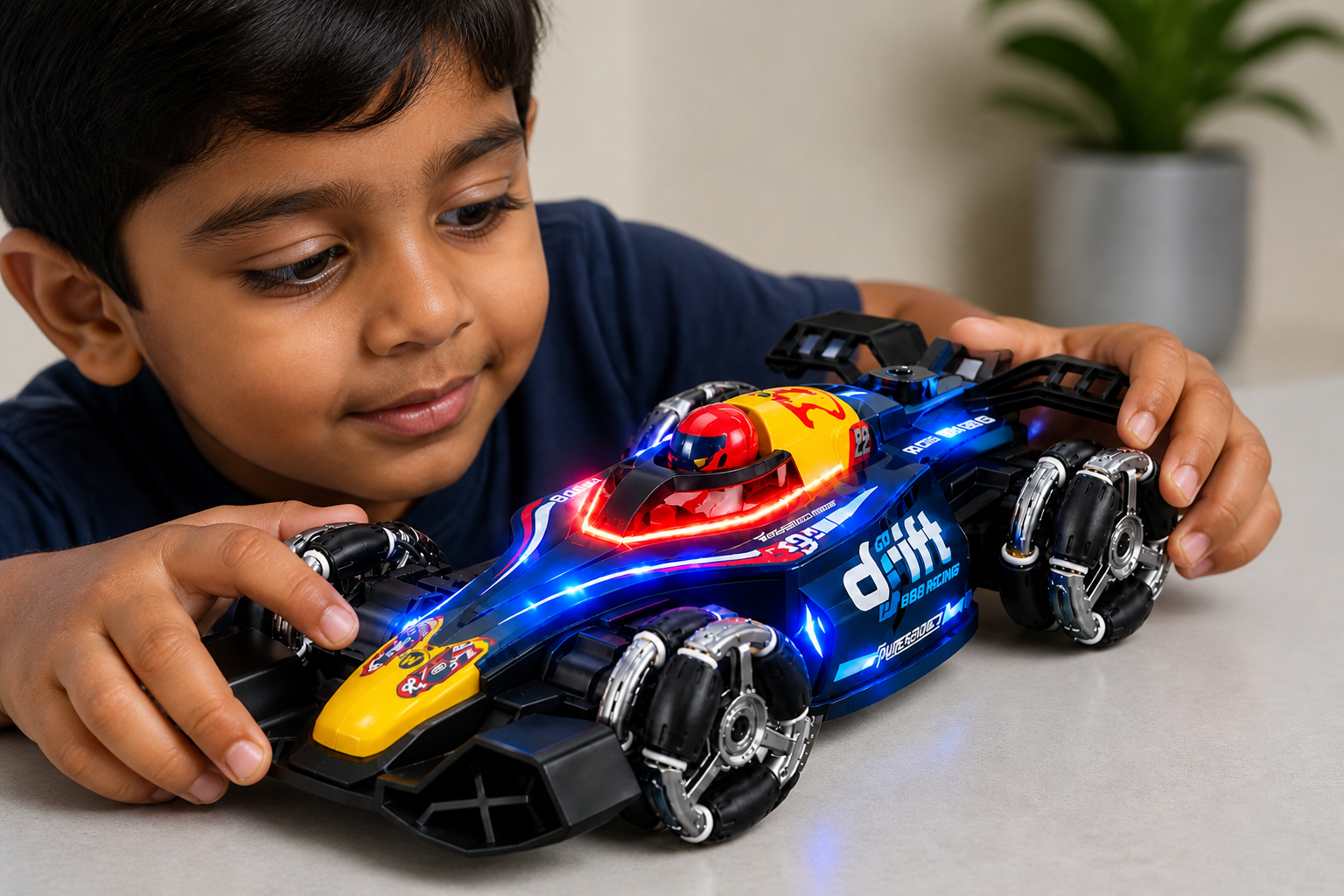 Close-up product shot of a child's wrist wearing a sleek black sensor-controller watch with blue LED indicator, motion arrows overlaid showing forward, left, right gesture directions