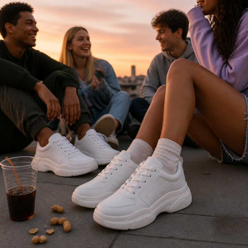 Group of friends all wearing Nike Sneakers 3 sitting together on a rooftop at sunset