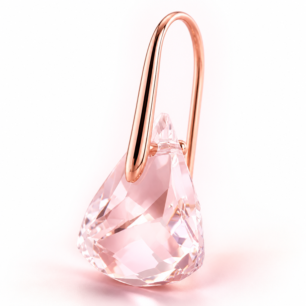 Macro photograph of a single Lunar pink crystal earring shaped like a falling water droplet with soft pink glow and gentle rose gold light reflections