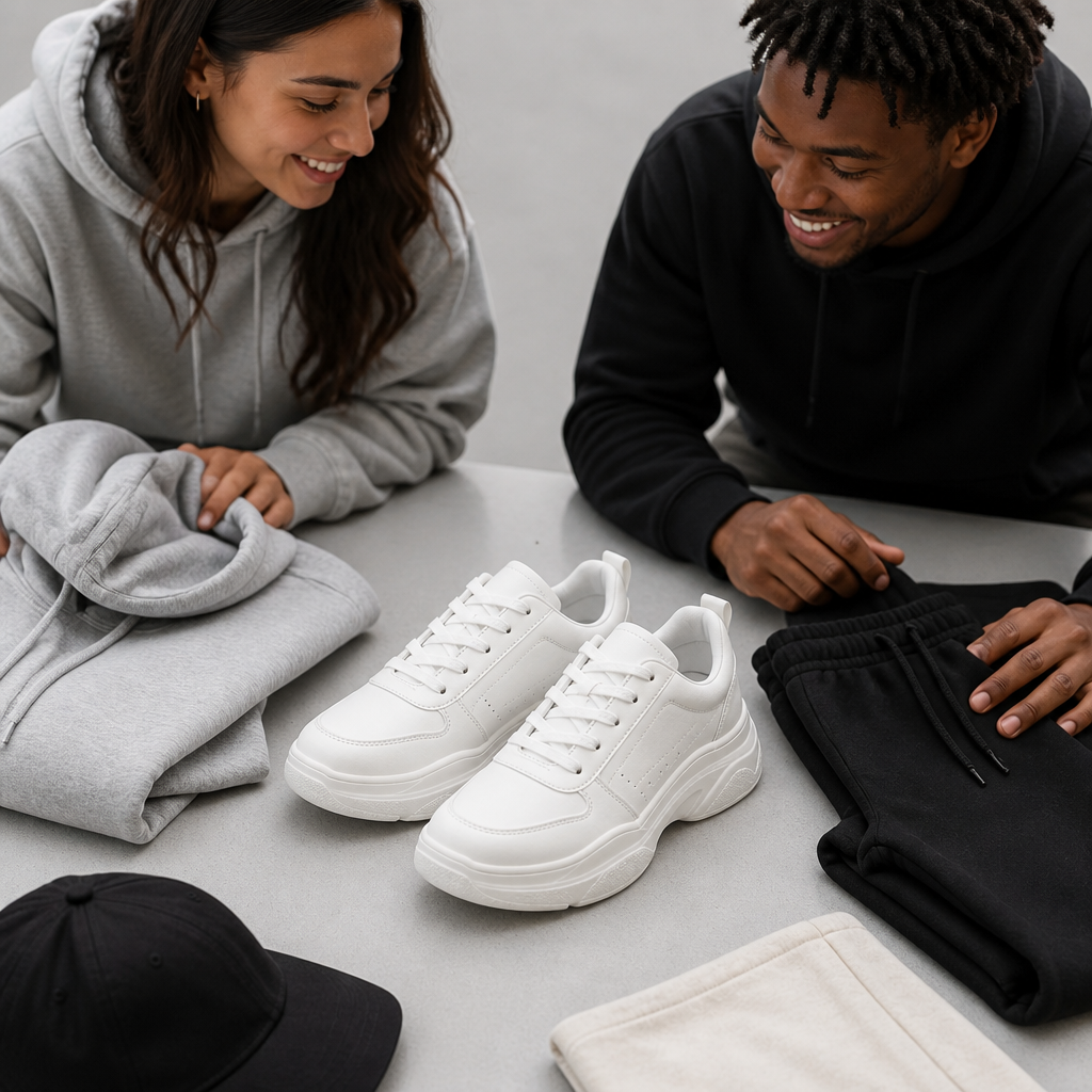 Flat-lay collage of Nike Sneakers 3 paired with joggers and a sporty hoodie arranged on a clean grey studio backdrop with crisp shadows