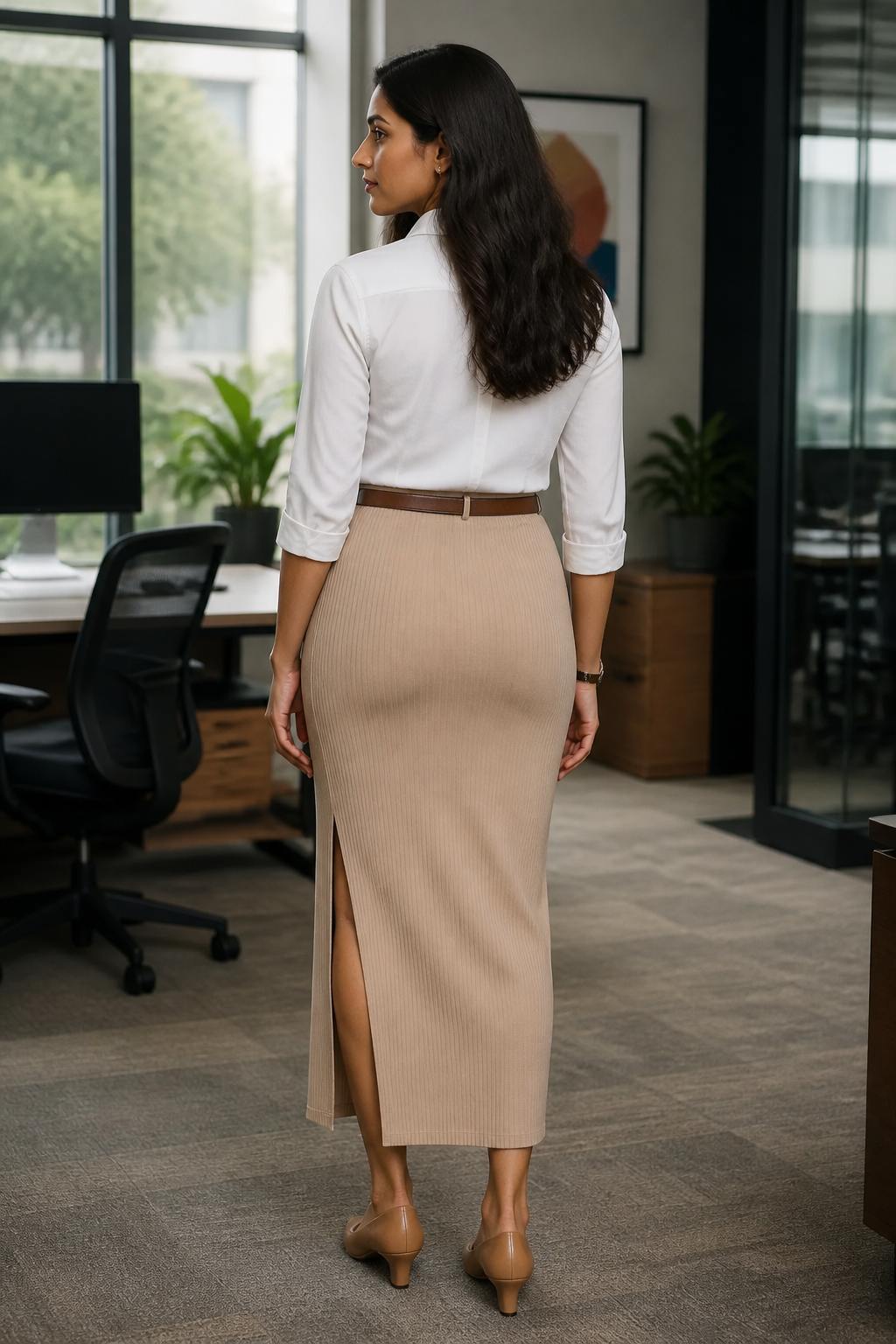 Three-panel lifestyle image office look: Indian woman wearing the beige Salazza Skirt with a crisp white button-up shirt, leather belt and pumps, standing confidently in a modern office.