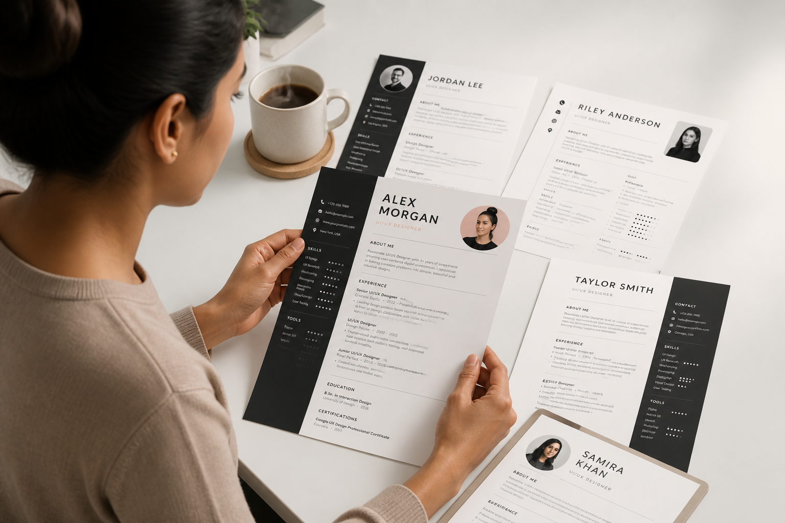 Modern minimalist UI/UX designer resume template with deep navy header, soft accent colors, clean typography and a portfolio-style sidebar layout