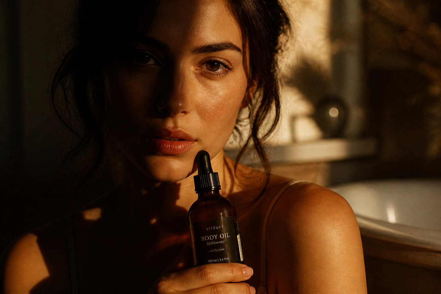 Moody cinematic portrait of a woman half-shadowed and half-lit in golden light, magnetic gaze, deep contrast magazine-cover feel
