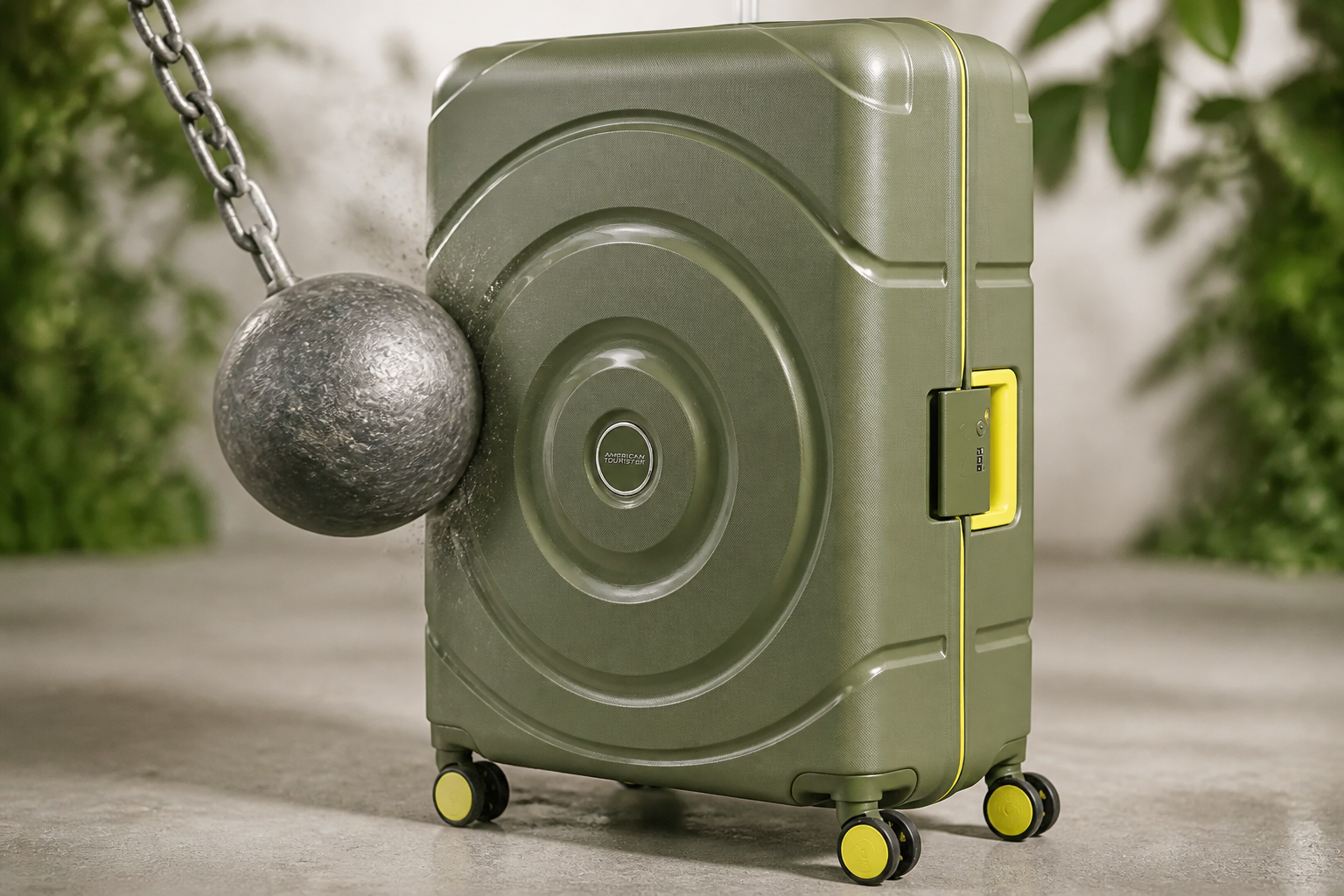 Durable polypropylene shell of Circurity luggage being impact tested, showing resistance to scratches and damage from rough handling