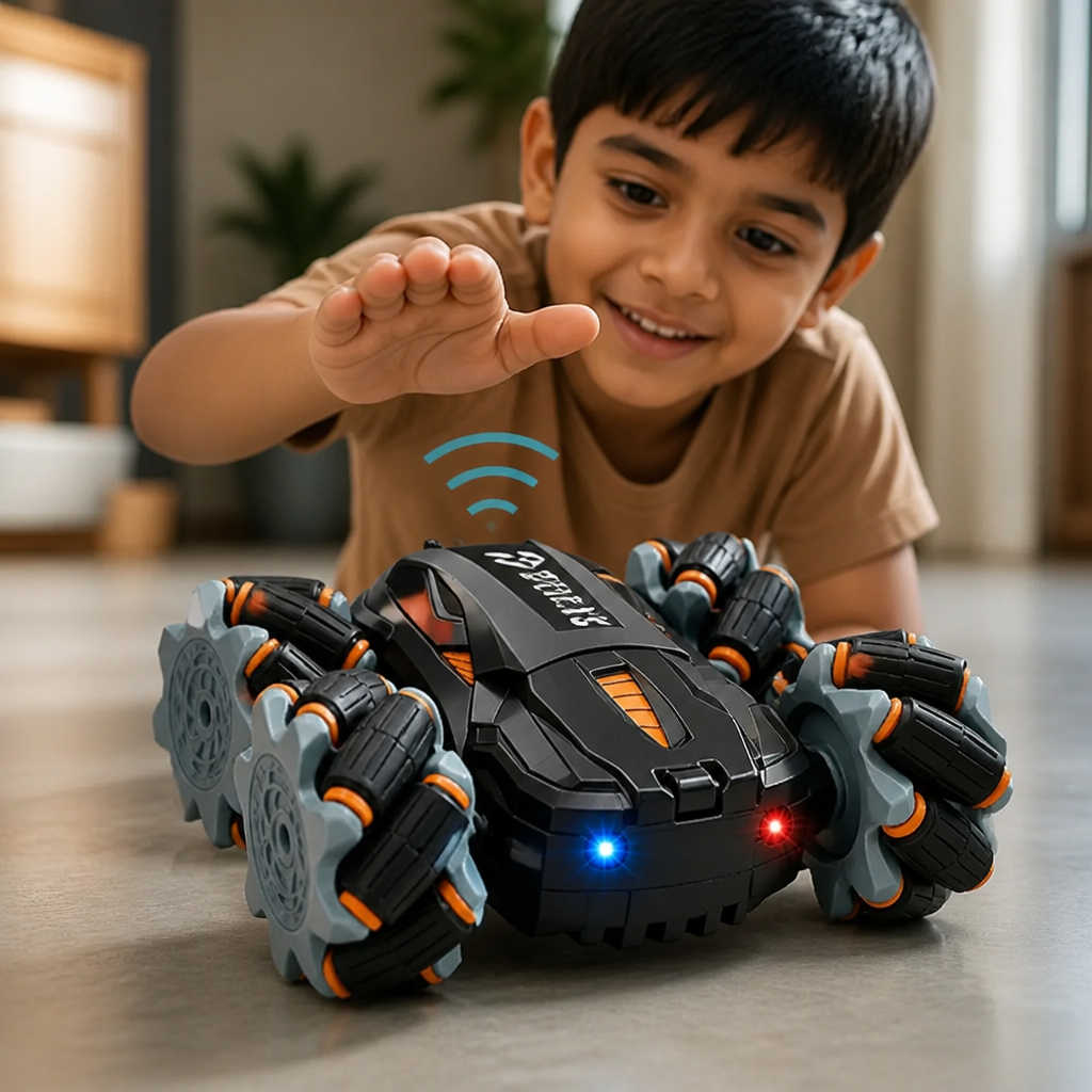An Indian child waving hand above a gesture-sensor enabled GRAPHENE 4X4 car, the car responding to the movement, indoor setting with soft natural light