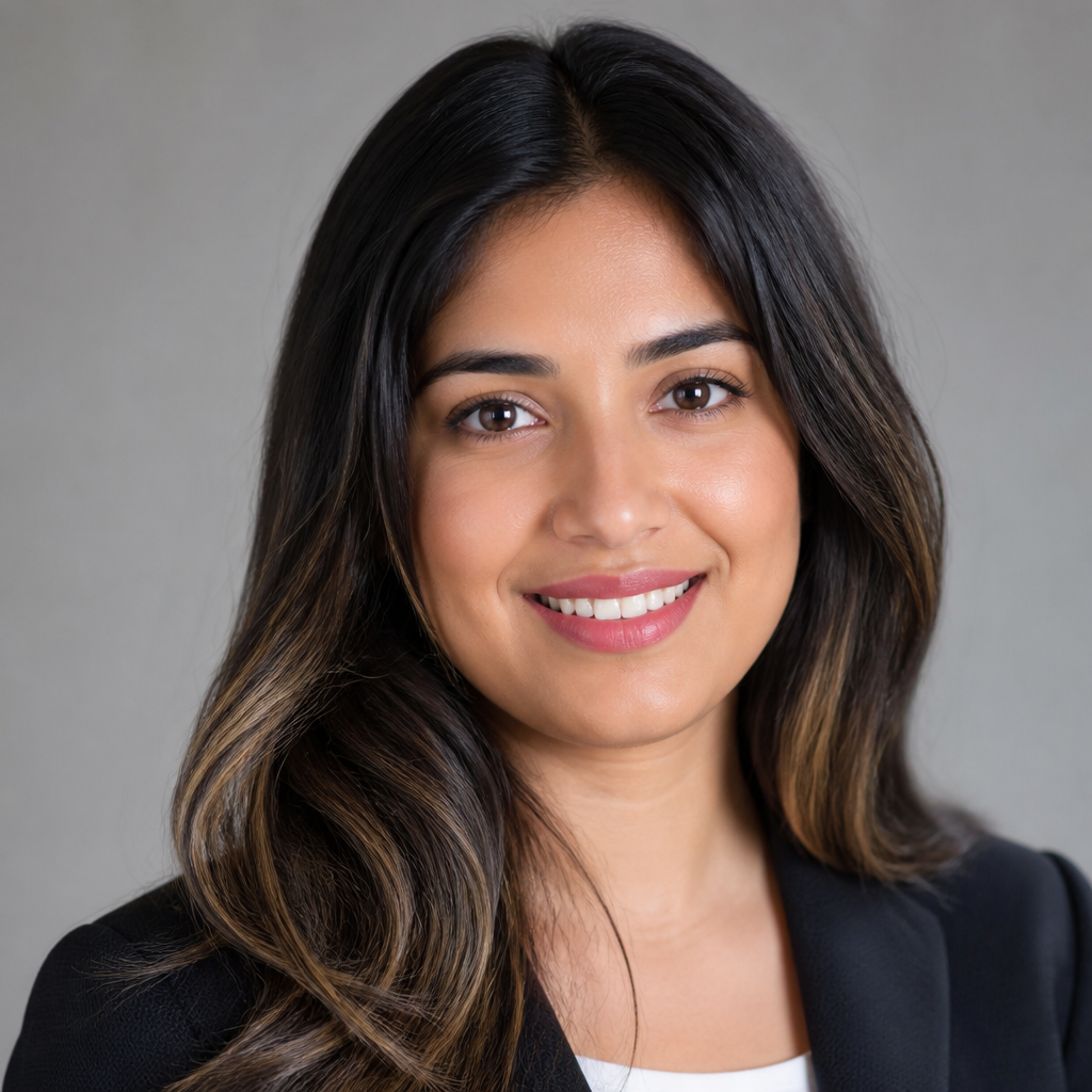 Warm candid portrait of an Indian woman in her thirties with shoulder-length dark hair and a kind smile, soft natural daylight, beige linen background, intimate friendly editorial photography