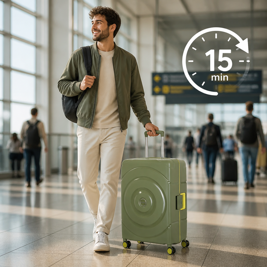 Clock icon representing time savings, with happy traveler silhouette, showing how Circurity saves 15 minutes of frustrating airport time