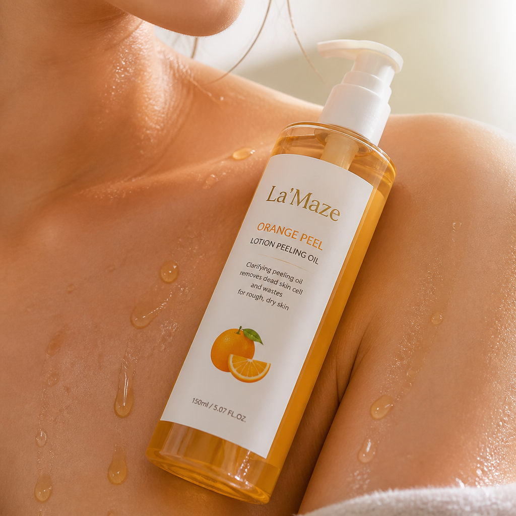 Close-up beauty image showing golden orange peel oil sinking into smooth glowing skin with visible softness and freshness, illustrating La'Maze's effective formula at work