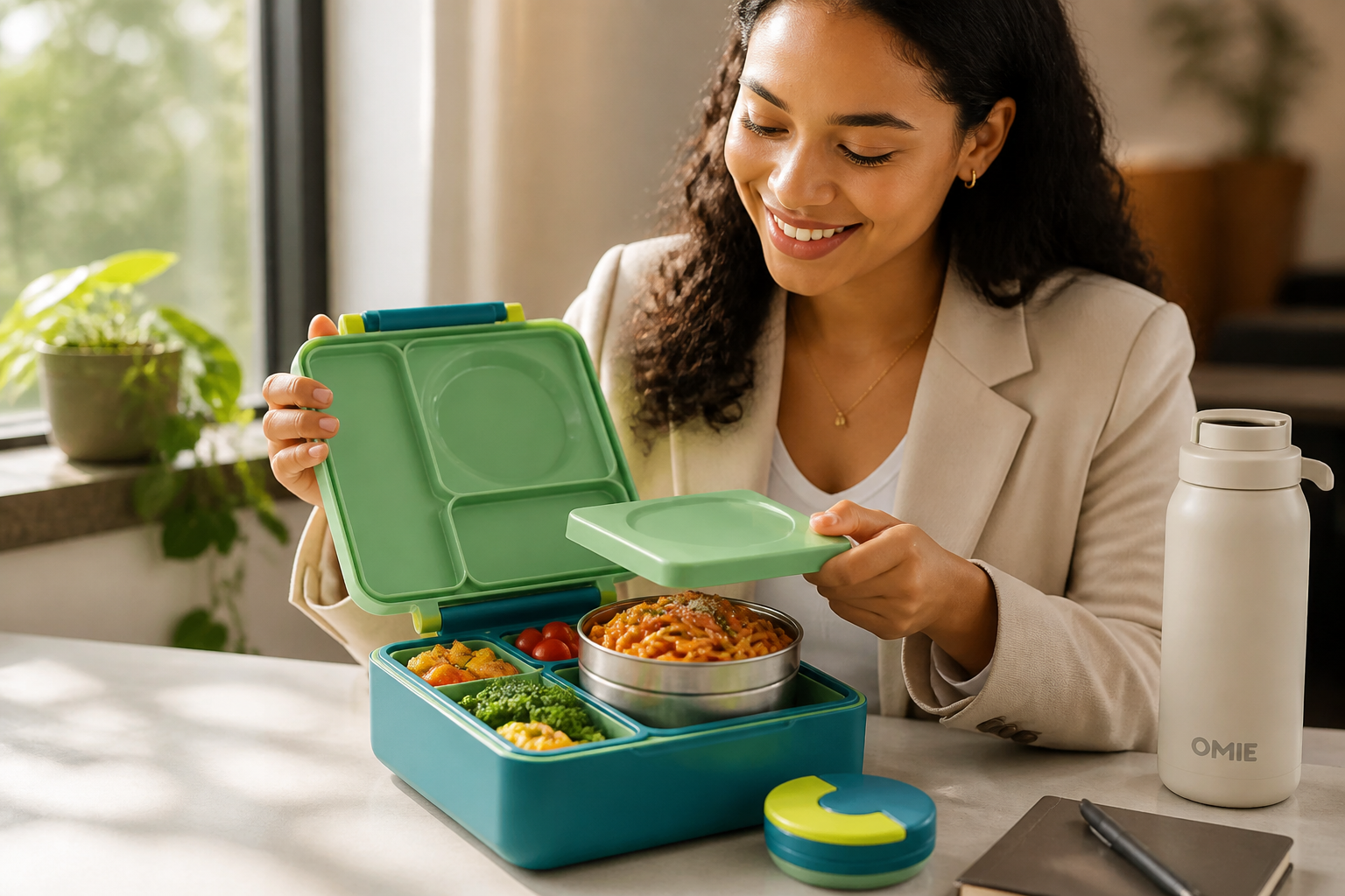 A young professional smiling warmly while opening a Bento Box full of fresh colorful warm food sitting at a sunny window seat