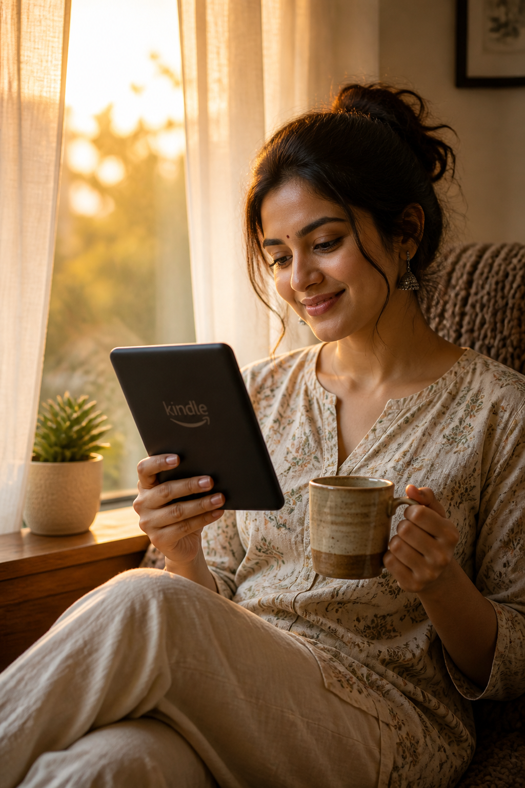 Soft-lit scene of a young Indian woman sitting by a window at golden hour, holding an e-reader and warm coffee mug, hopeful and reflective mood