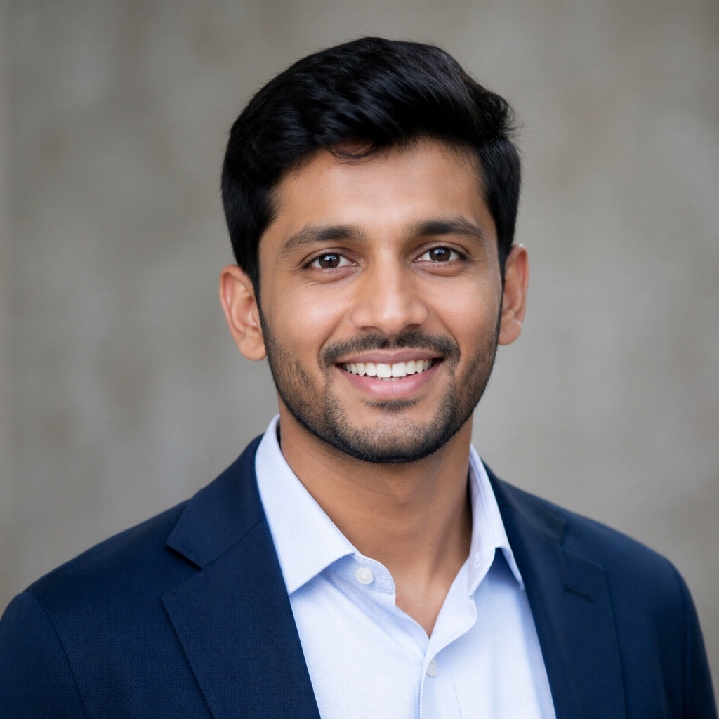 Friendly portrait of an Indian man in his late twenties with a trimmed beard, wearing a casual shirt in a bright Mumbai living room, warm natural light