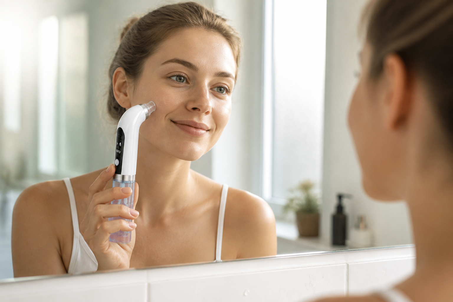 Young European woman in soft bathroom morning light, smiling gently at her reflection in the mirror while holding the white rechargeable blackhead vacuum tool