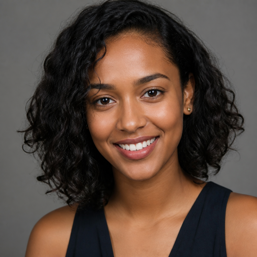 Smiling young African woman with natural hair, head turned slightly, warm studio lighting highlighting her skin and joyful expression in a candid portrait