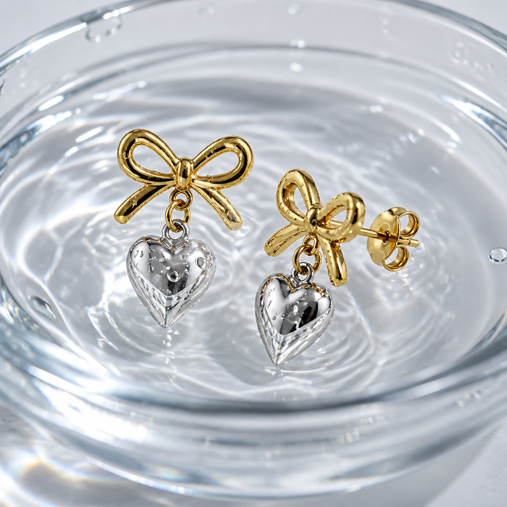 Love Heart Earrings submerged in crystal clear water in a glass bowl, droplets visible on the surface, demonstrating waterproof quality, studio lighting