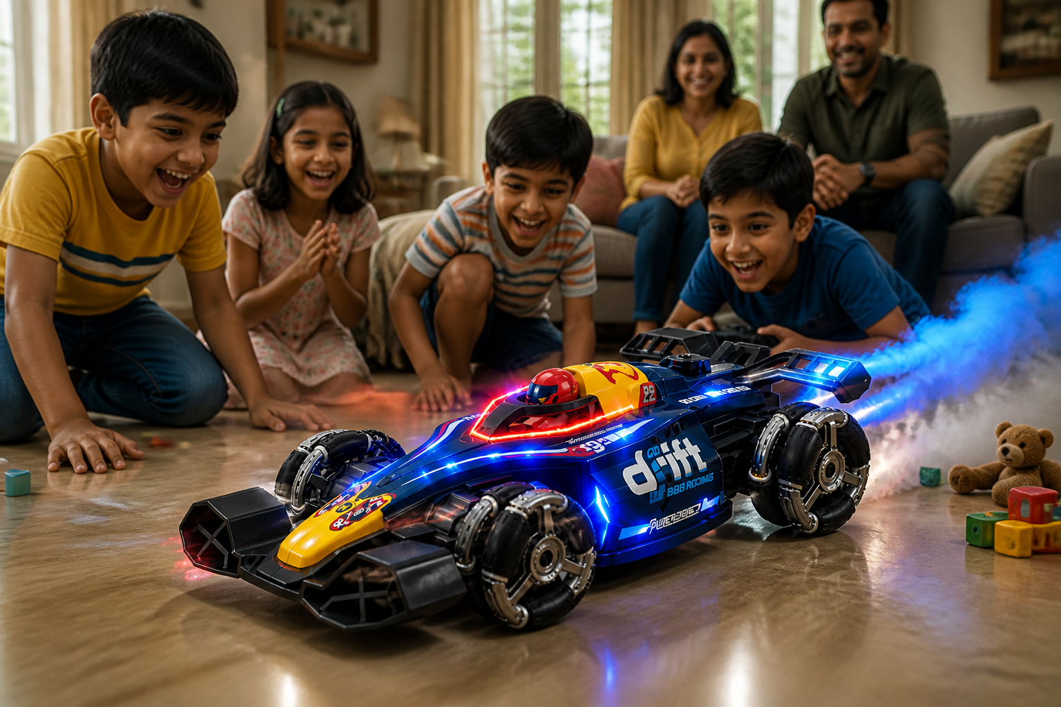 Collage of happy Indian children aged 5 to 12 playing with the GRAPHENE RC car on the living room floor, parents smiling in the background, RGB lights glowing, smoke trailing from the car