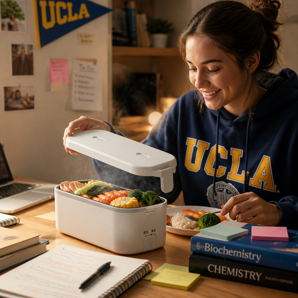 Young student in dorm room enjoying hot meal from the portable rice cooker on a small desk with textbooks and laptop nearby, warm lighting creating cozy study atmosphere