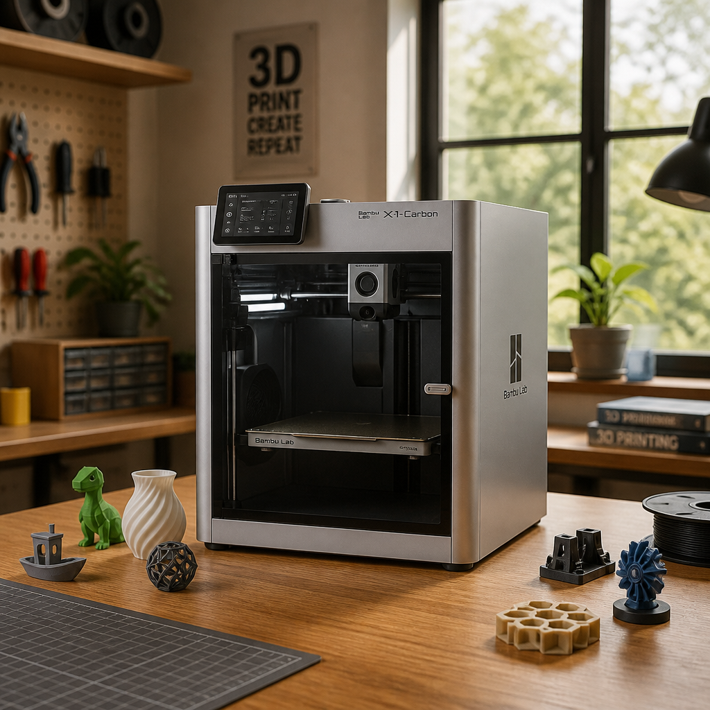 Wide cinematic shot of the Bambu desktop 3D printer sitting on a clean wooden workshop desk beside scattered sample prints and a soft-lit window in the background