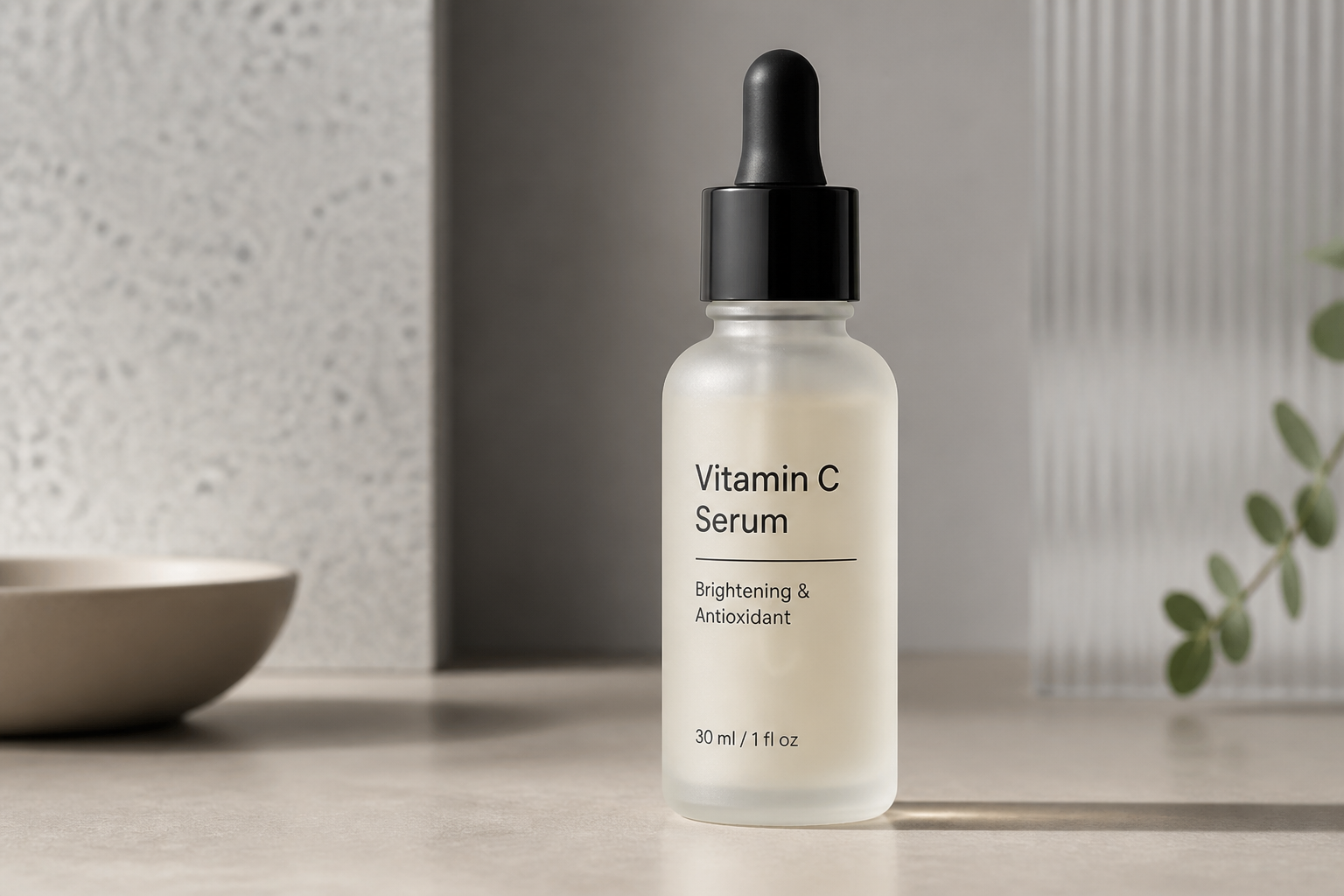 Generic dull expensive competitor Vitamin C serum bottle in plain packaging