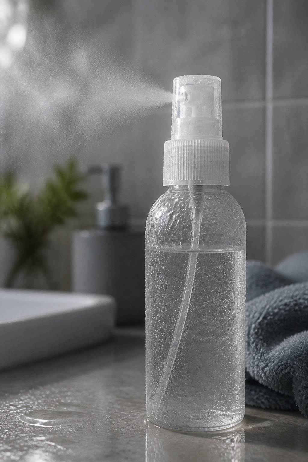 Unbranded generic room freshener spray bottle on a bathroom counter with visible condensation and quick-evaporating mist, showing the problem of traditional fresheners