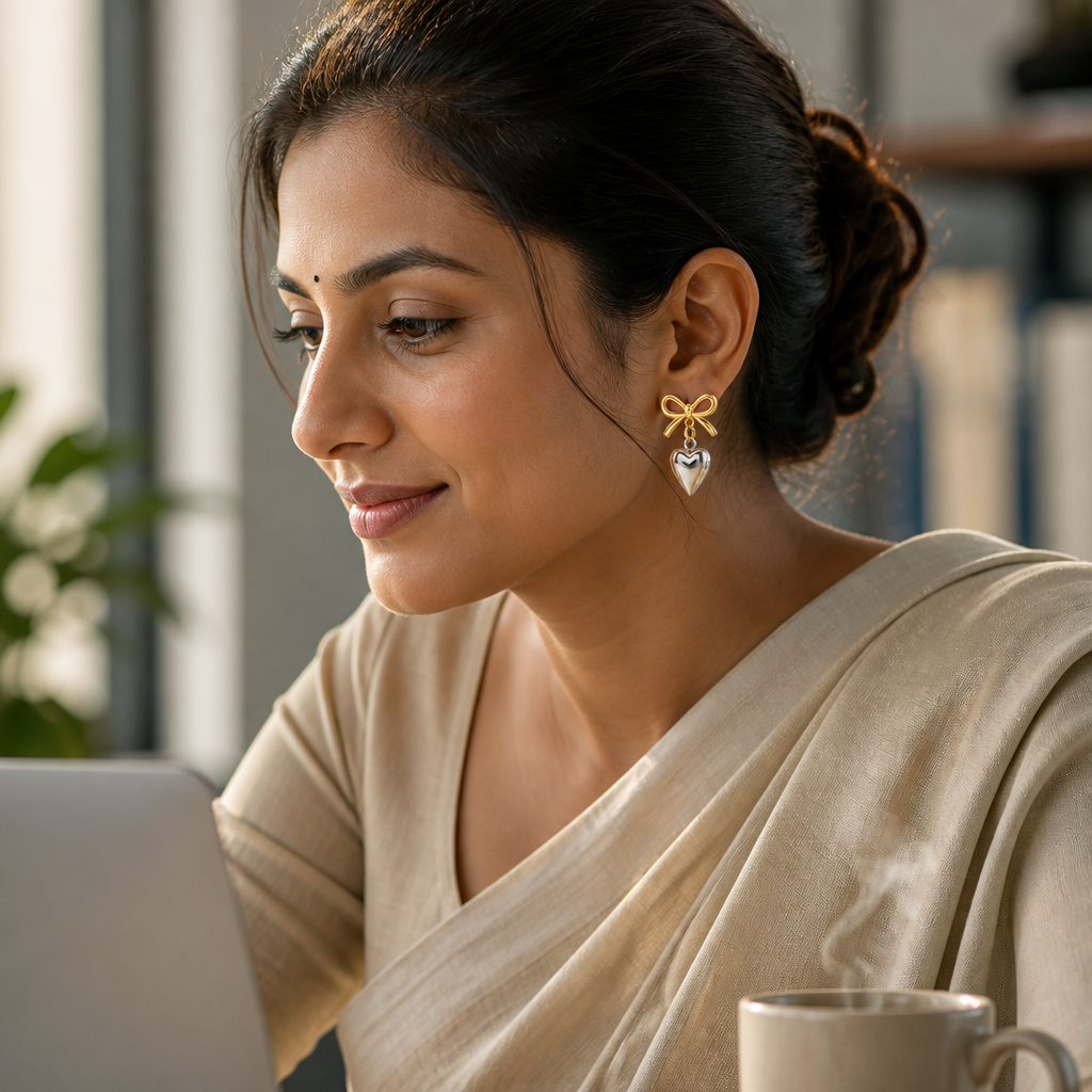 Love Heart Earrings worn at an elegant office desk setup with laptop and coffee cup in soft morning light