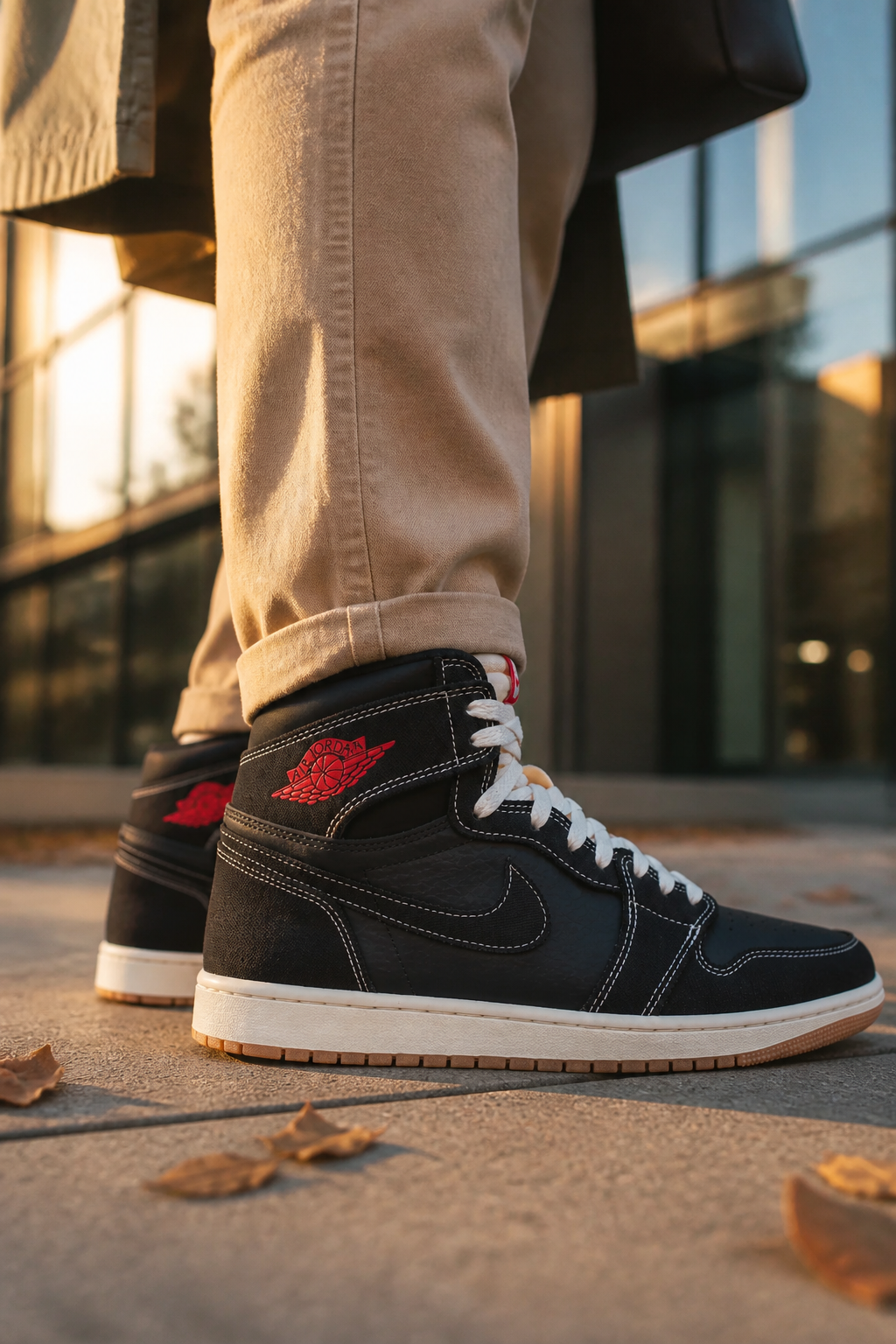 Stylish individual in smart-casual attire wearing Nike Total 90 Premium sneakers, standing confidently outside modern office building during golden hour