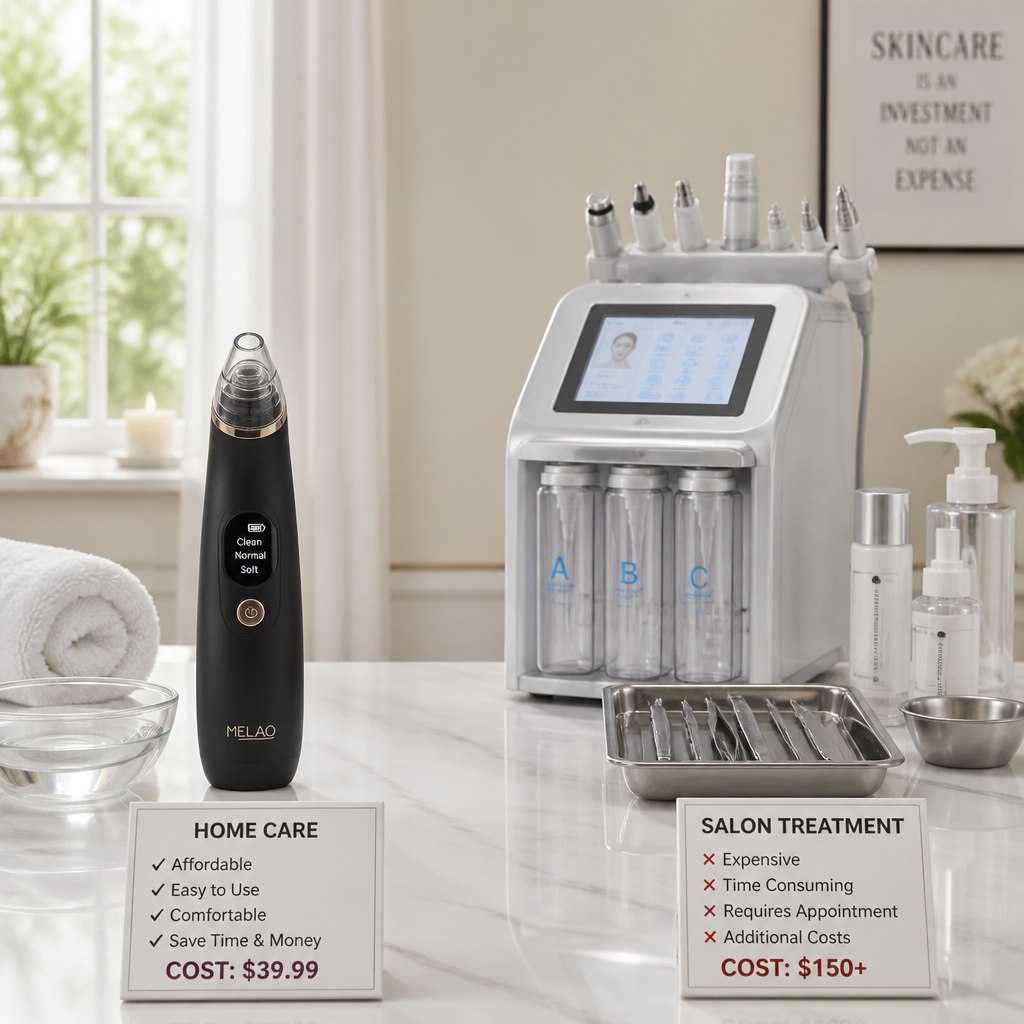 Split comparison showing comfortable home treatment setup on left versus expensive clinical salon equipment on right with price comparison