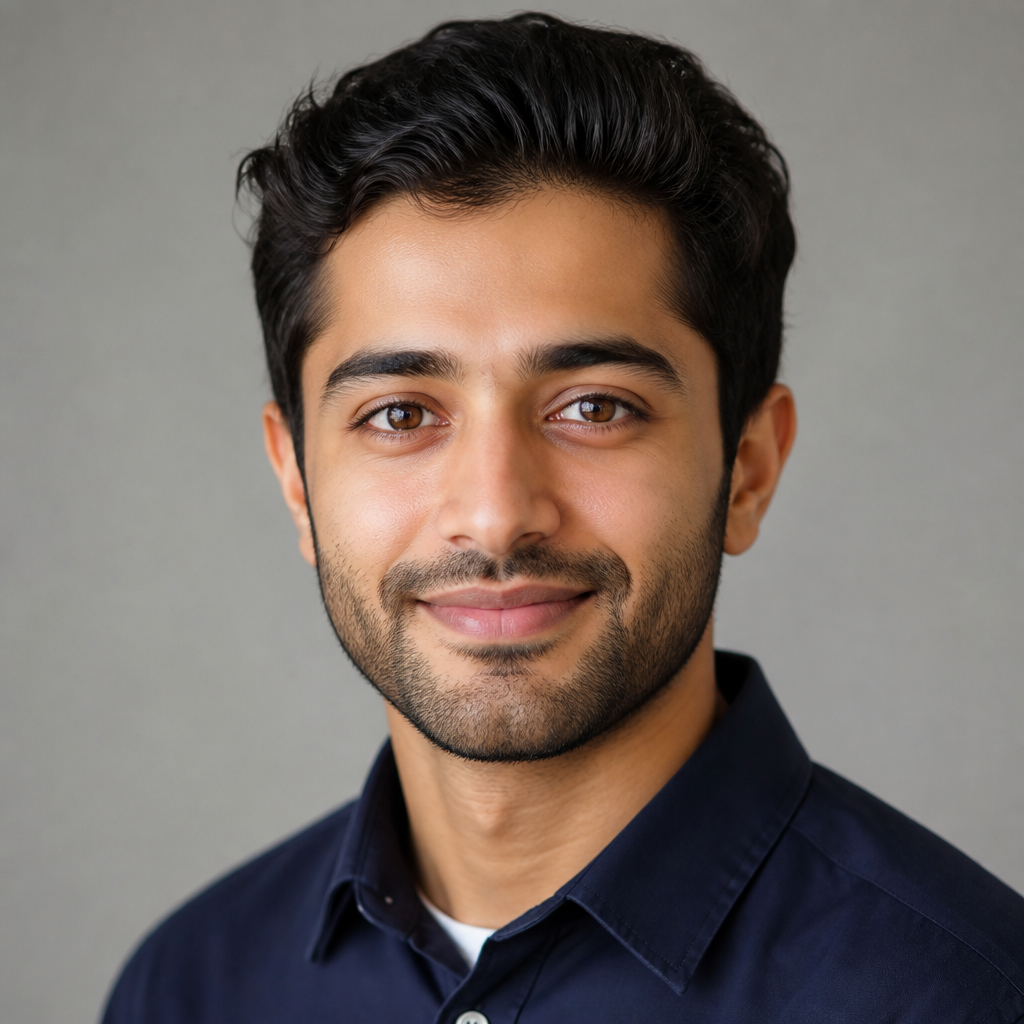 Round profile avatar of a smiling young South Asian man with short dark hair, soft daylight, warm neutral background, calm confident expression