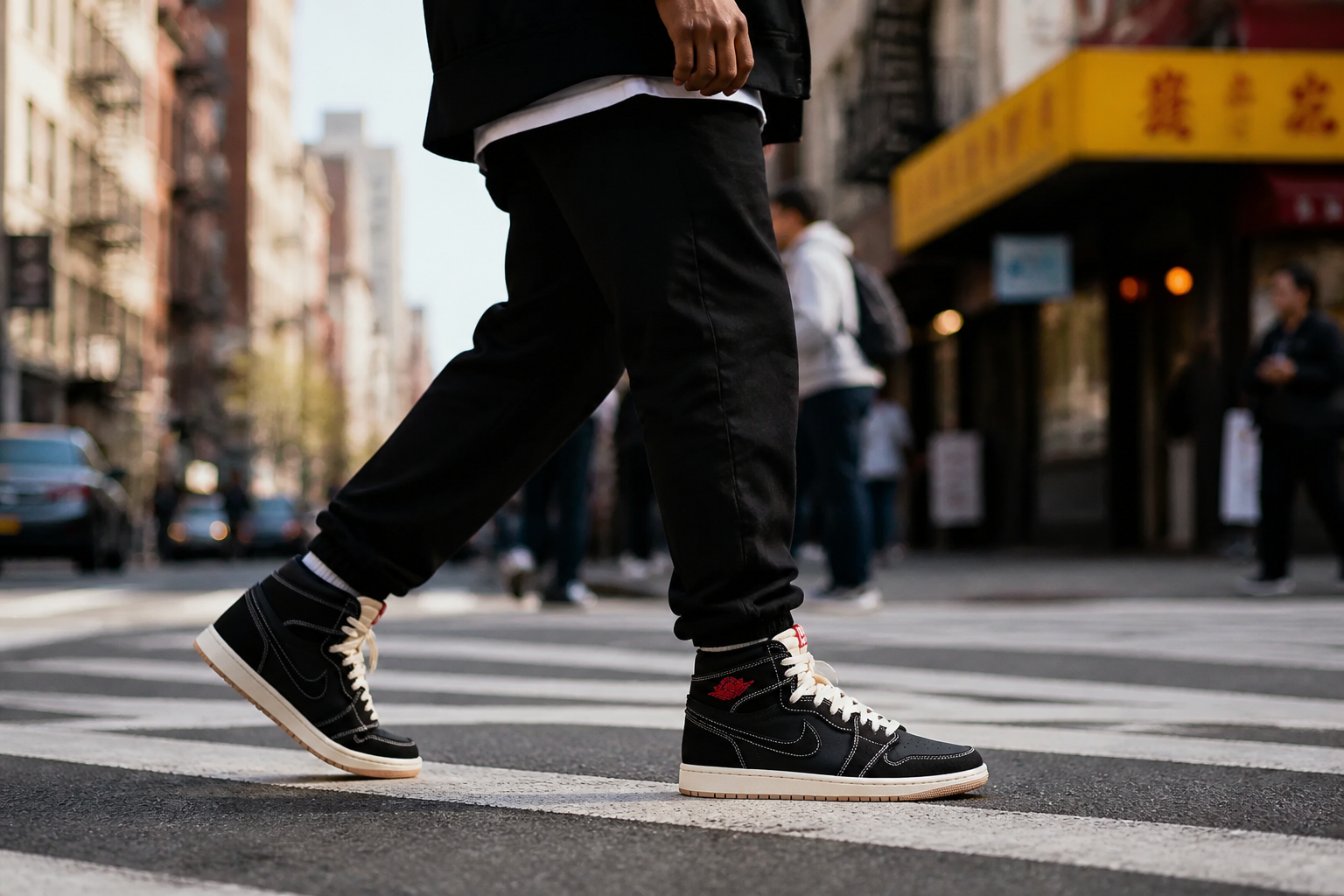 Confident young man wearing Nike Total 90 Premium sneakers walking through vibrant city street, blending athletic heritage with modern street fashion