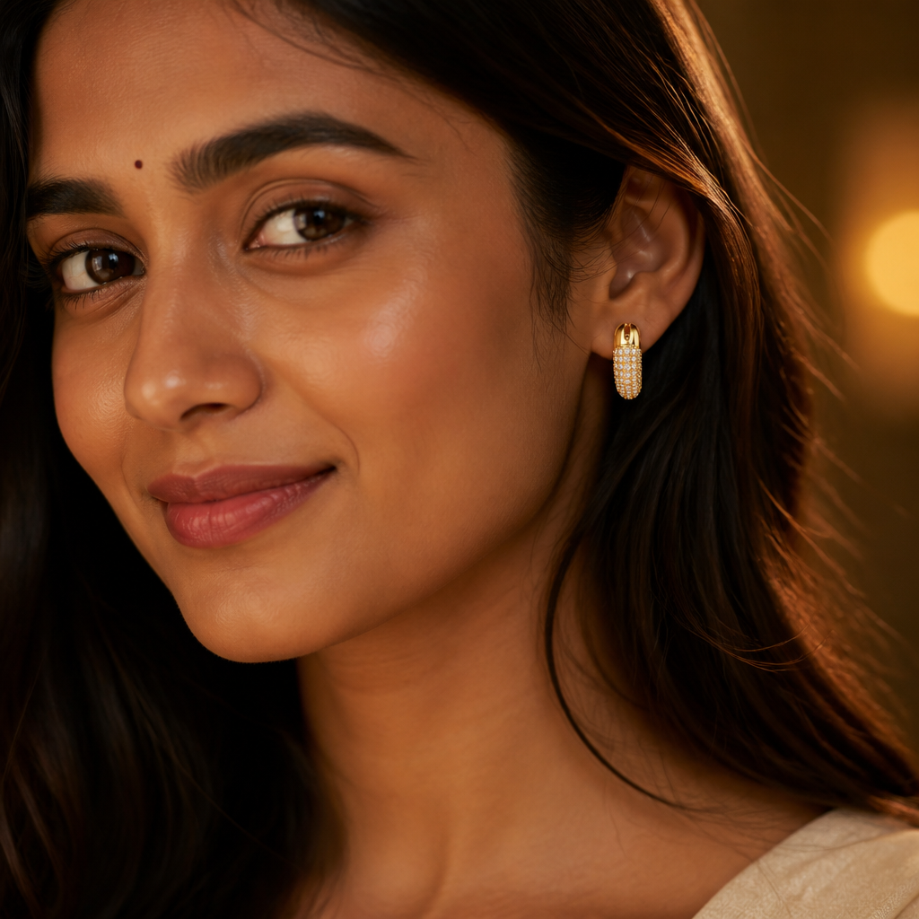 Final close-up of a confident Indian woman smiling softly with the Dextera Small hoops catching beautiful golden light, soft bokeh background