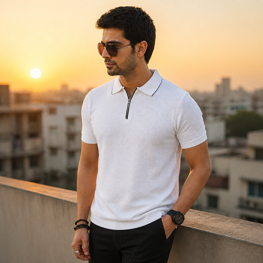 Lifestyle scene of a man wearing a white polo at a golden-hour rooftop evening outing