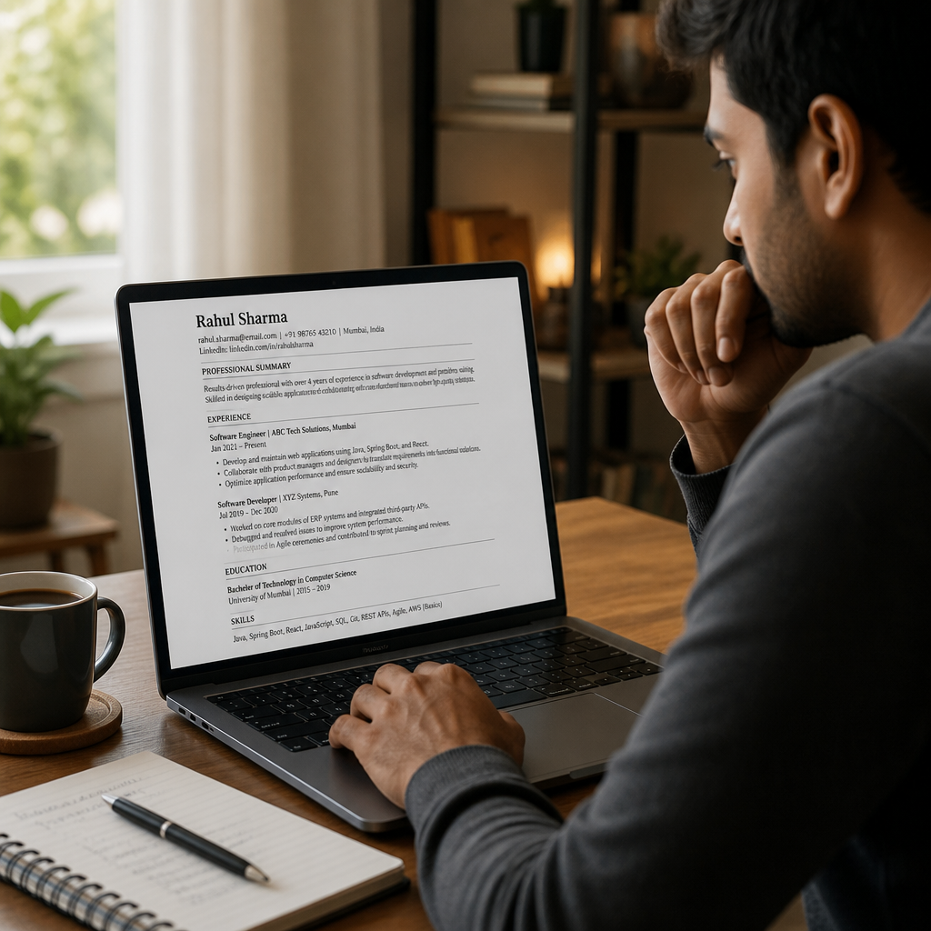 Indian professional reviewing a plain, text-heavy resume on laptop screen with a worried expression in a home office