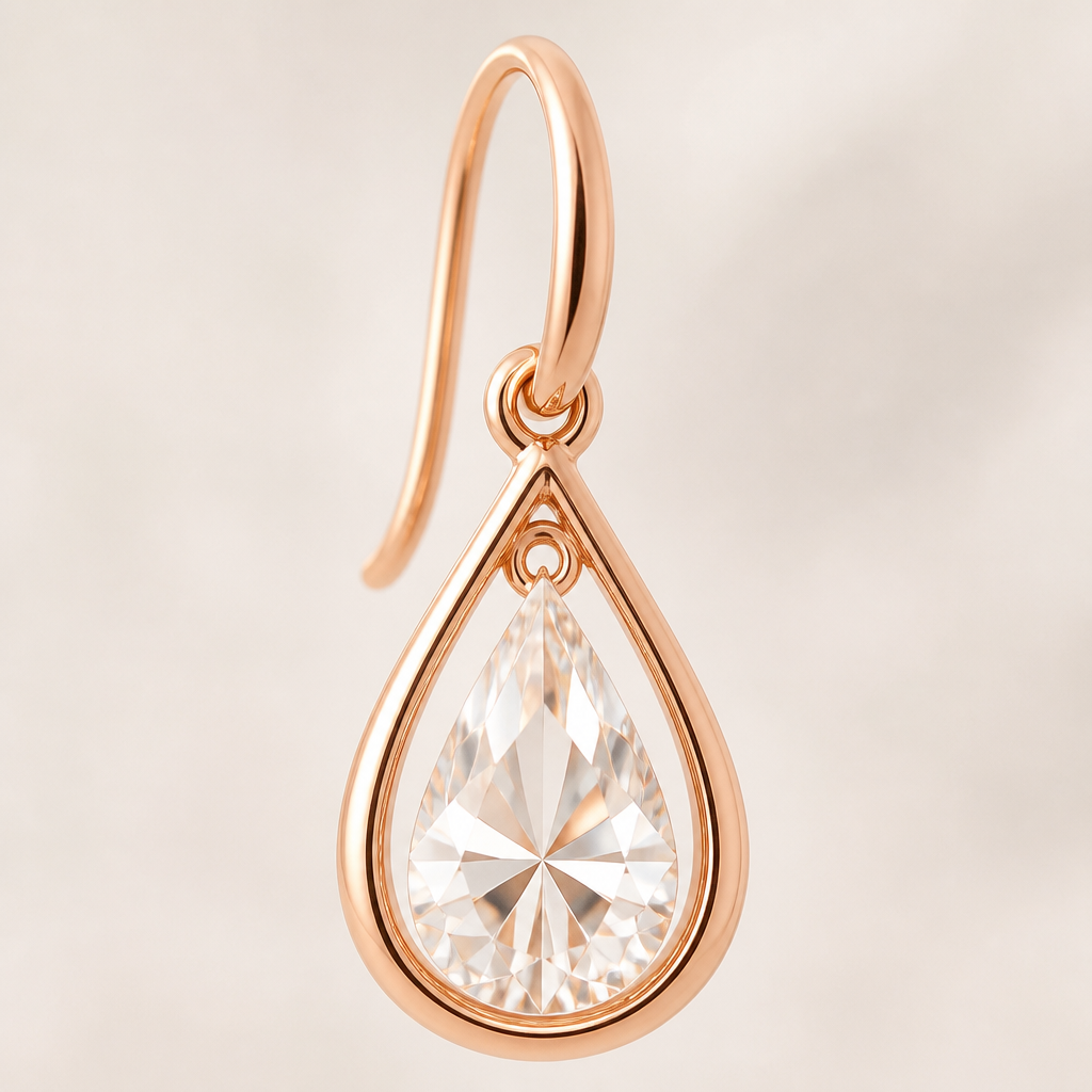 Extreme close-up of 18K rose gold finish glow on the Lunar drop earring hook and frame