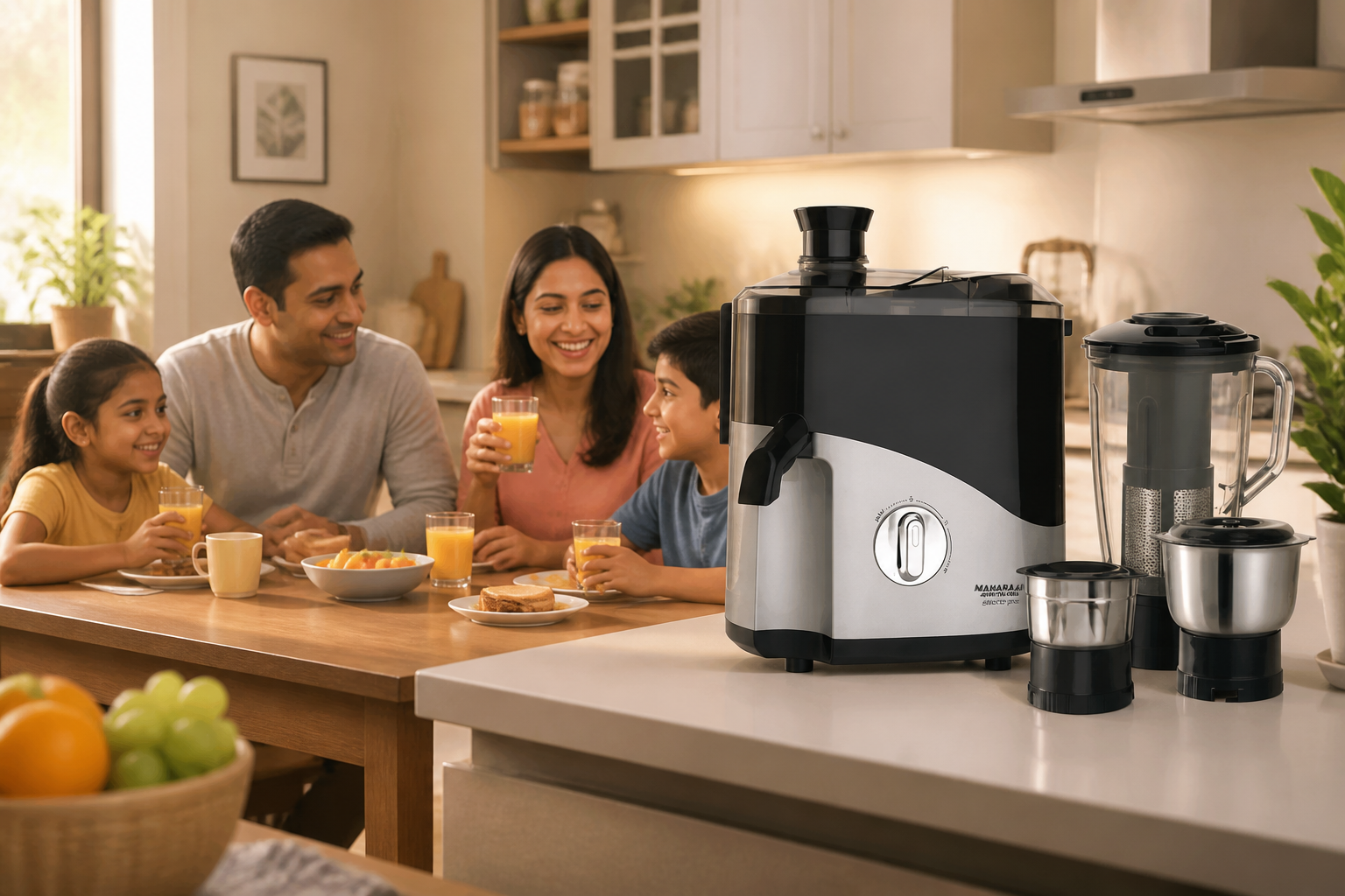 Warm wide lifestyle shot of an Indian family of four at breakfast table with fresh juice and the Selecto Plus sitting proudly on a modern kitchen counter, soft natural morning light