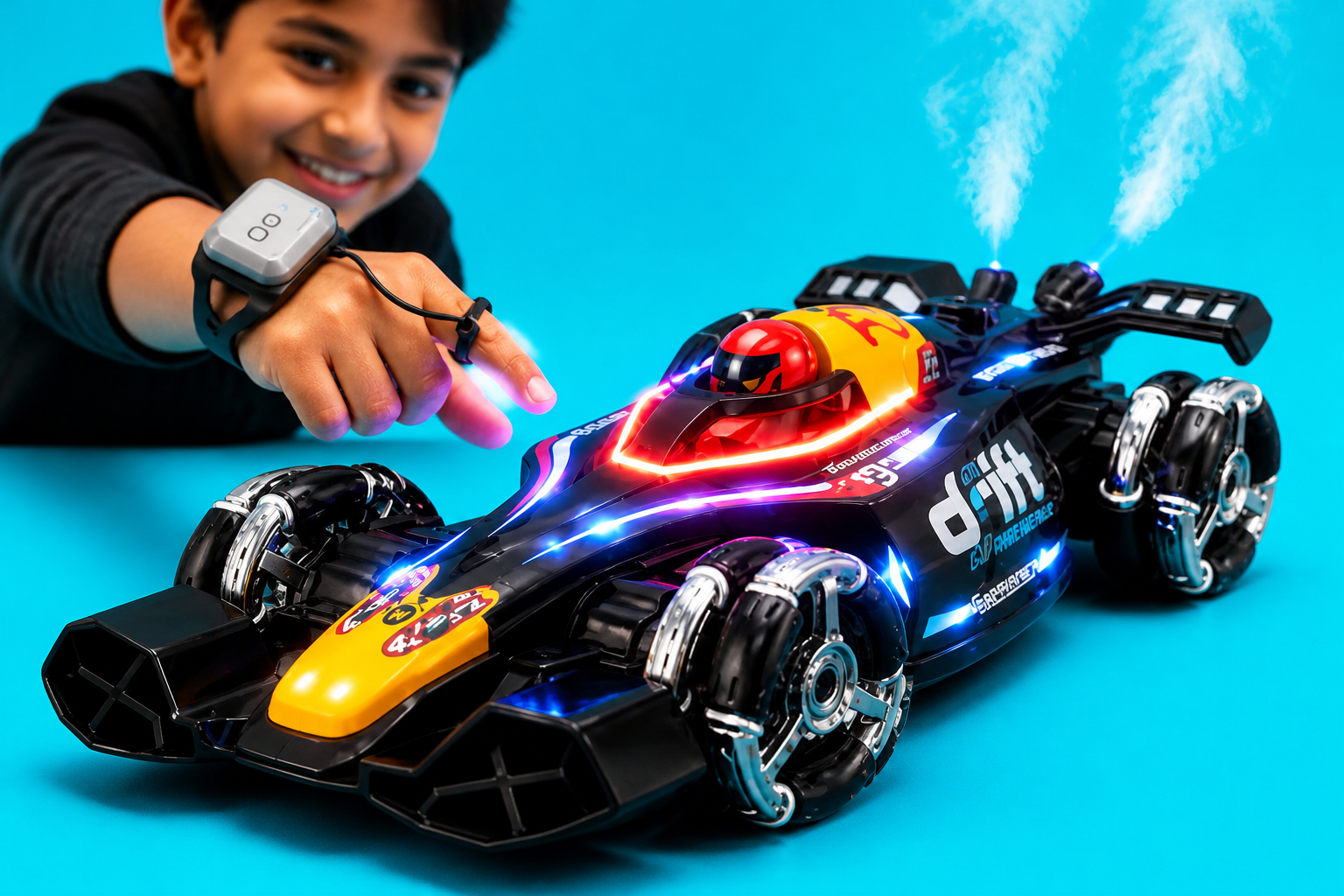 GRAPHENE RC Double Spray Drift Car variant &mdash; wide-body sports car with twin smoke nozzles mounted at the rear on neon cyan background