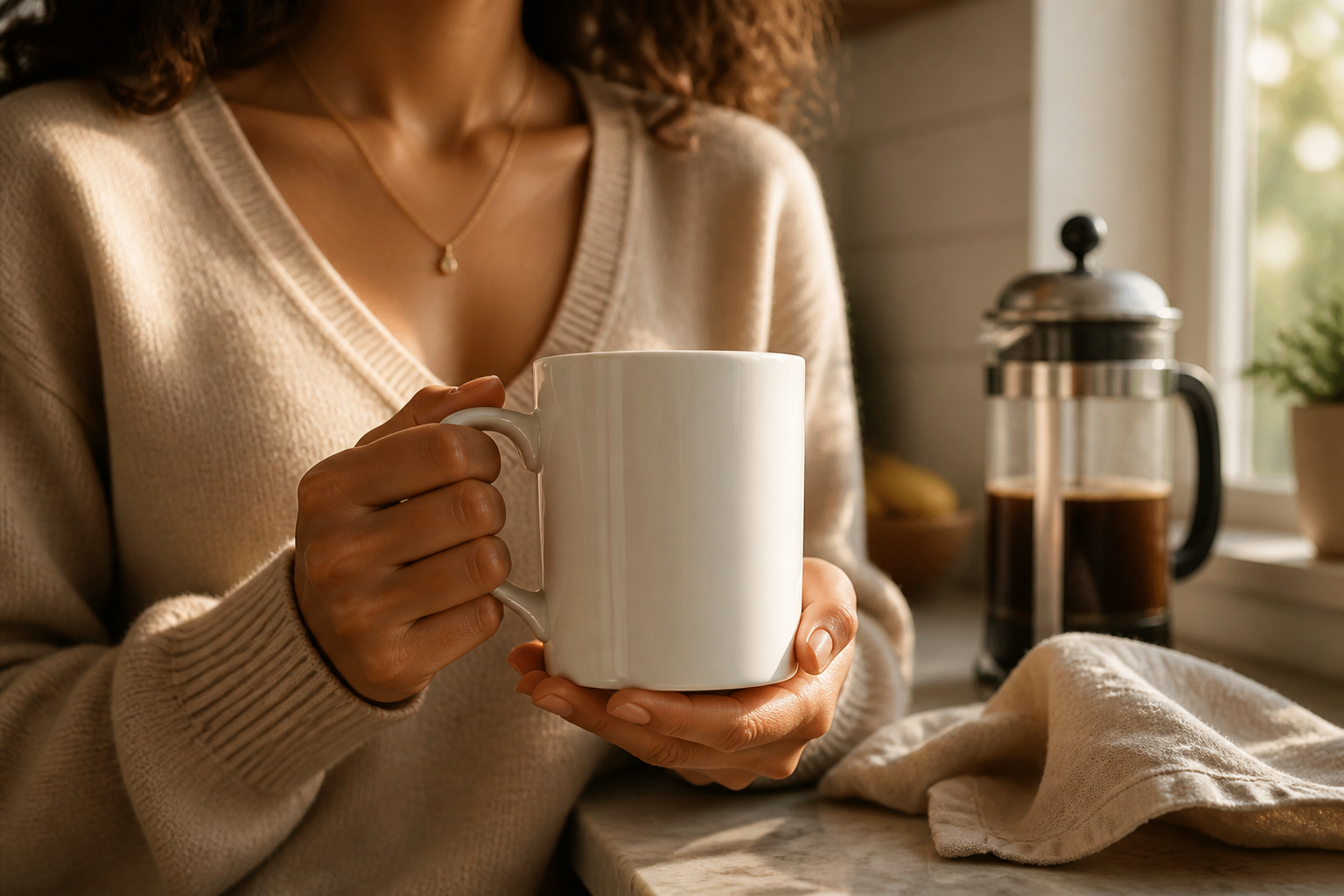Cozy home kitchen counter morning scene, the white Radiator Mug beside a French press and a soft linen napkin in warm morning sunlight