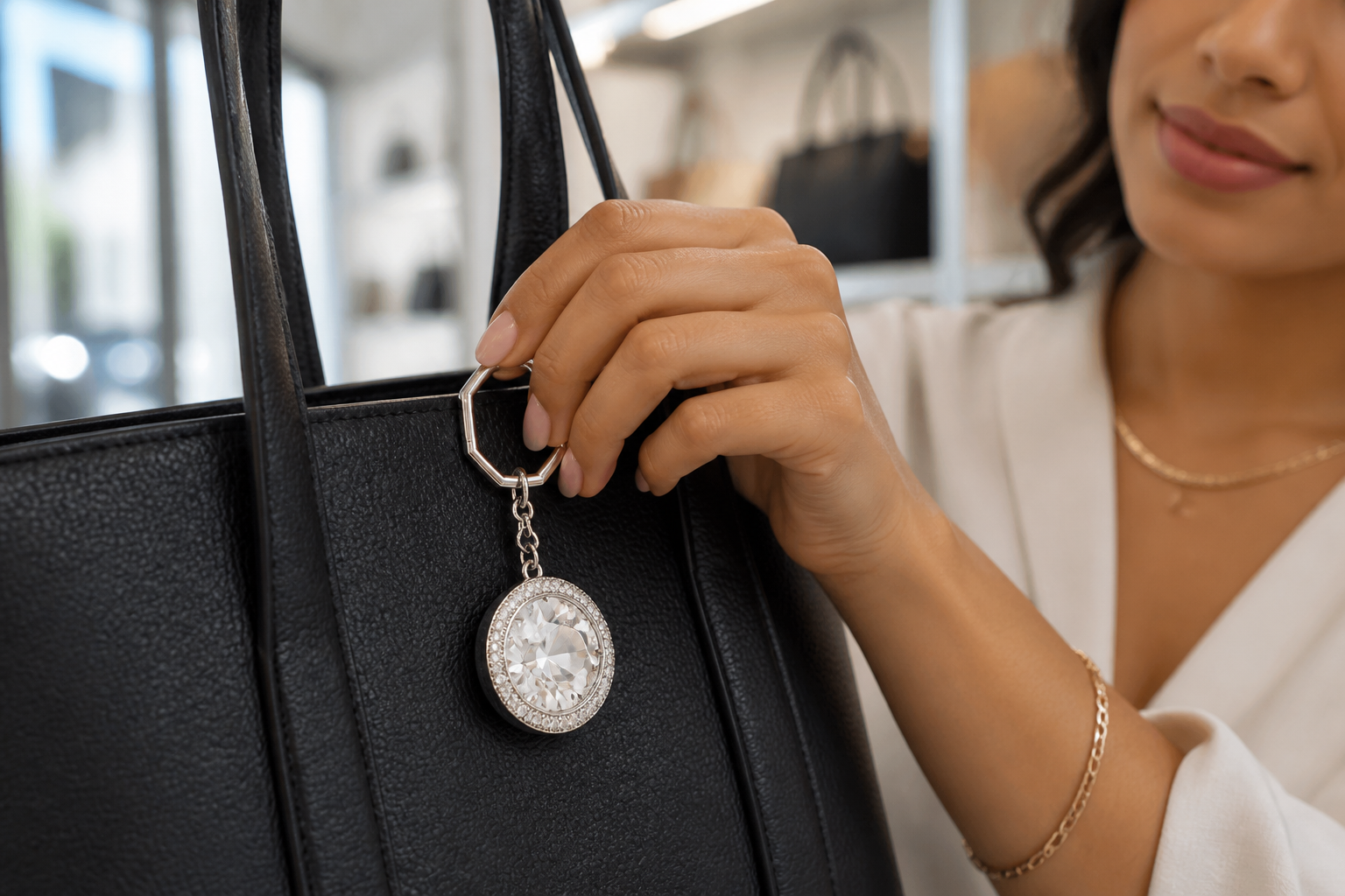 Fast motion montage frame of a woman clipping a Swarovski charm onto a black leather tote bag in a brightly lit boutique setting