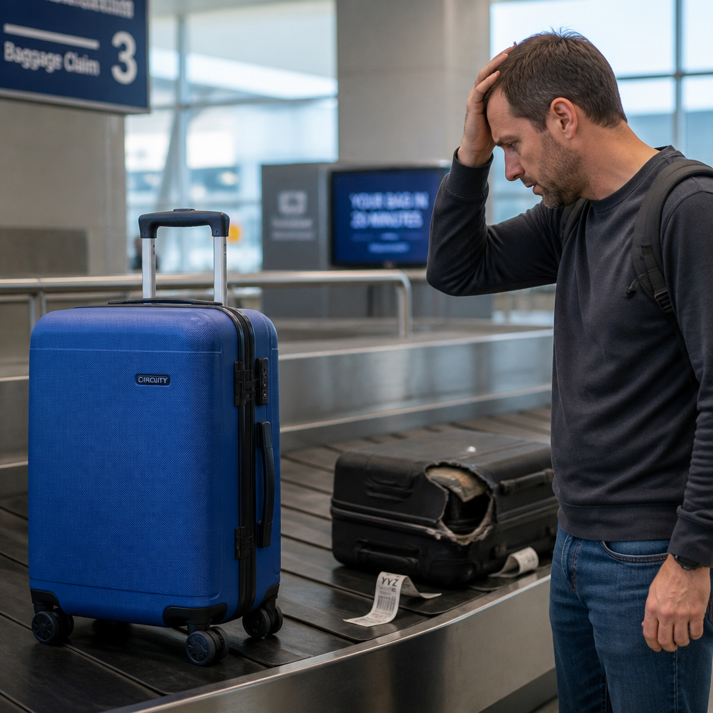Stressed traveler looking at damaged generic luggage at airport conveyor belt, representing anxiety about belongings