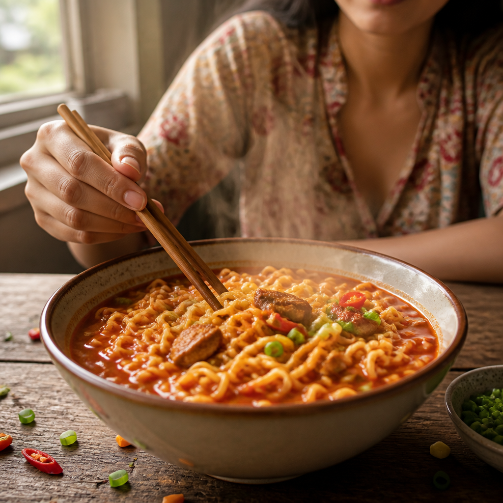  Steaming bowl of Korean chicken instant noodles with chopsticks, rich red broth, garnished with vegetables and eggs on a rustic table