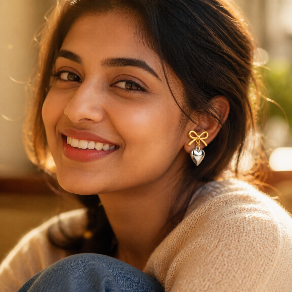 Happy confident Indian woman wearing the Love Heart Earrings, smiling, soft golden sparkle overlay, premium lifestyle photography