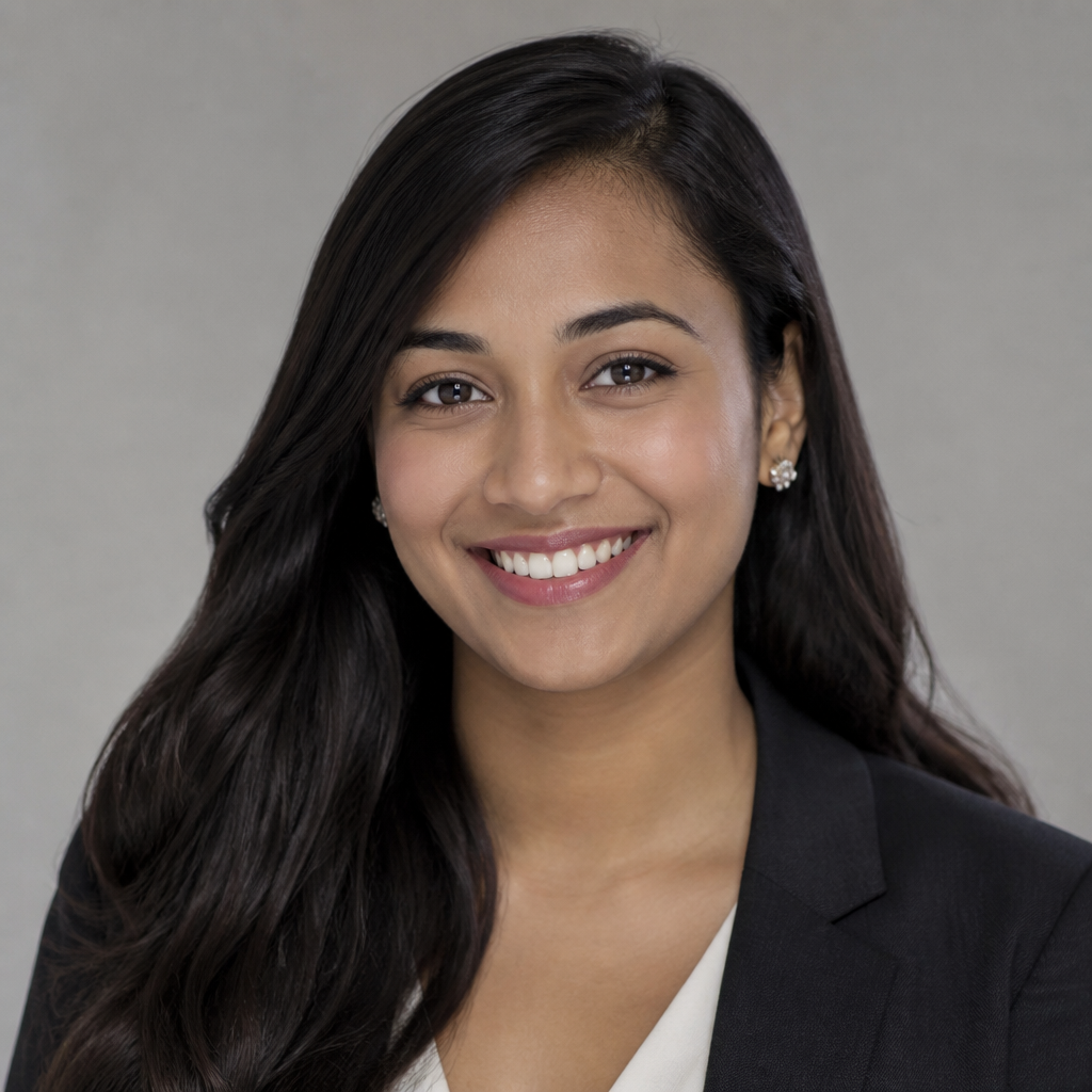 Smiling portrait of a young North Indian woman with dark hair pulled back, glowing skin, soft warm ring light, pale lavender backdrop, friendly lifestyle profile picture